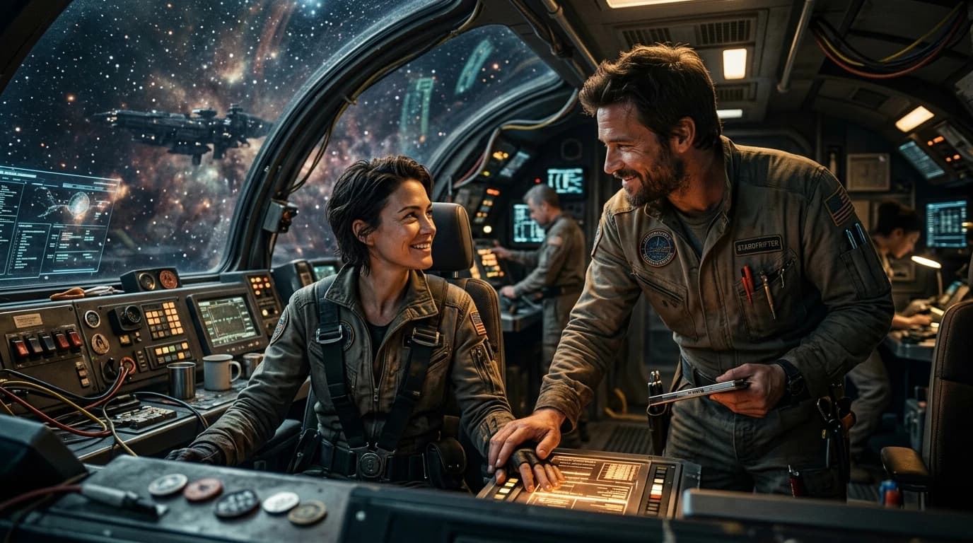 Two characters standing close in a dimly lit ship corridor, body language showing the slow burn tension of The Starfall Accord