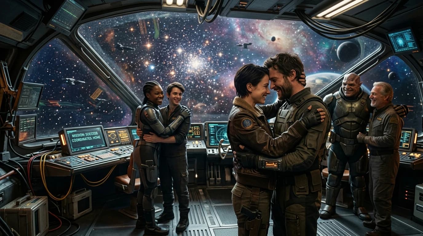 Hopeful resolution scene of a starship sailing through a nebula, representing the emotional payoff of space opera romance