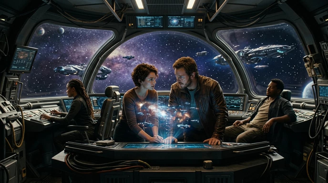 A cinematic establishing shot of a starship cockpit at night, the central image for the best space opera romance books guide