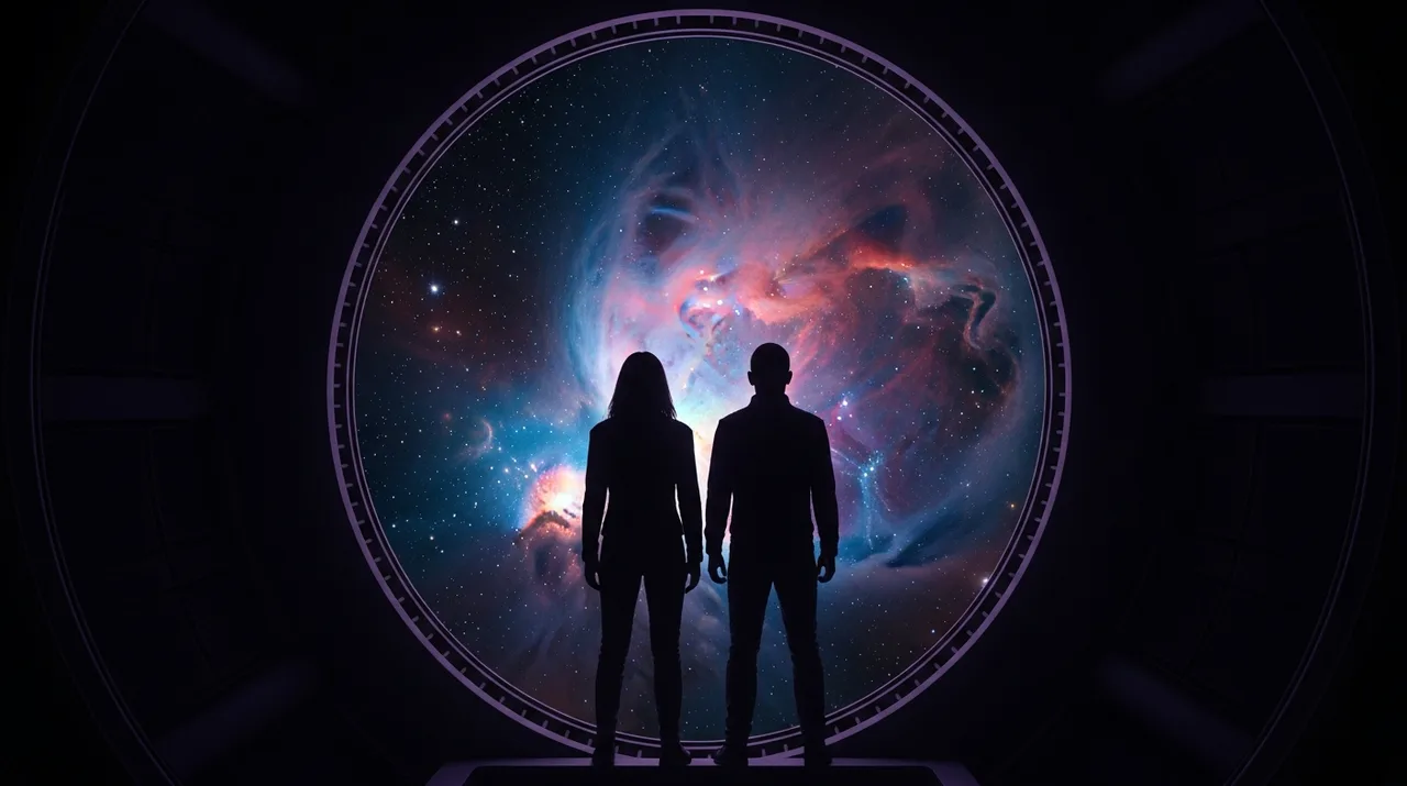 Two silhouettes framed by a starship viewport, standing close but not touching, the glow of a nebula behind them