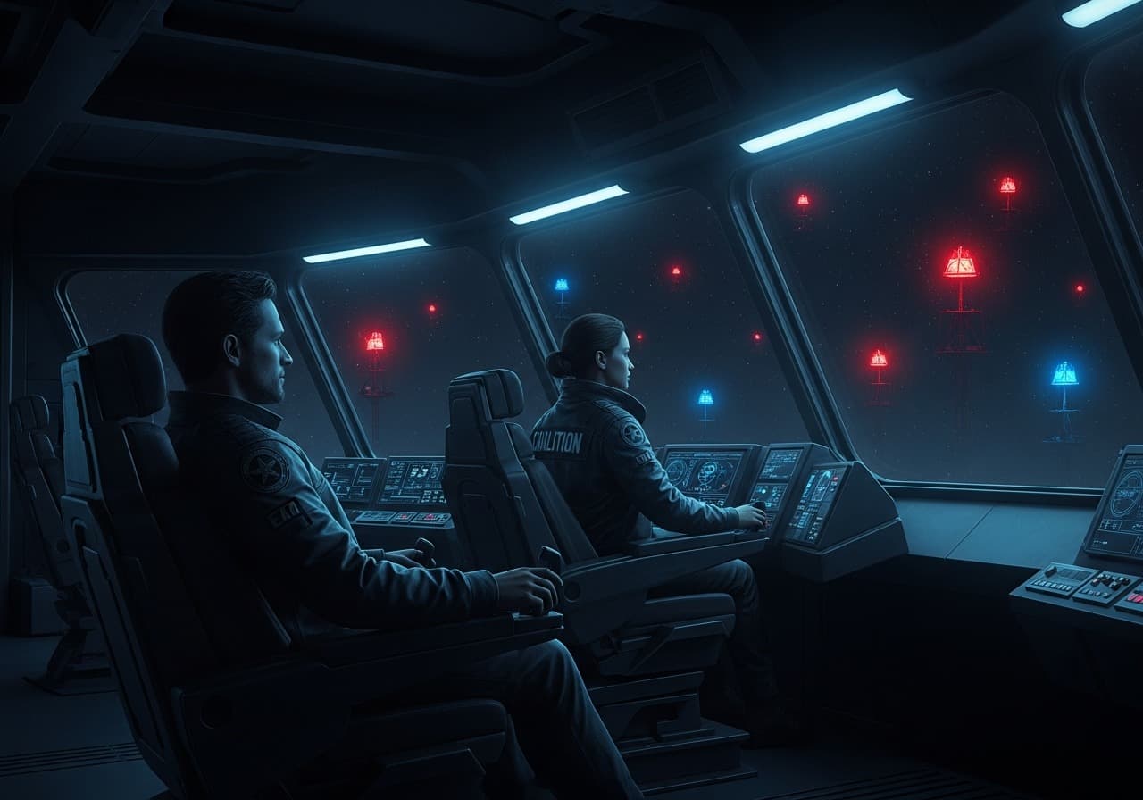 A polished Dominion officer silhouetted in an airlock hatch, sharp uniform contrasting with the worn corridors beyond