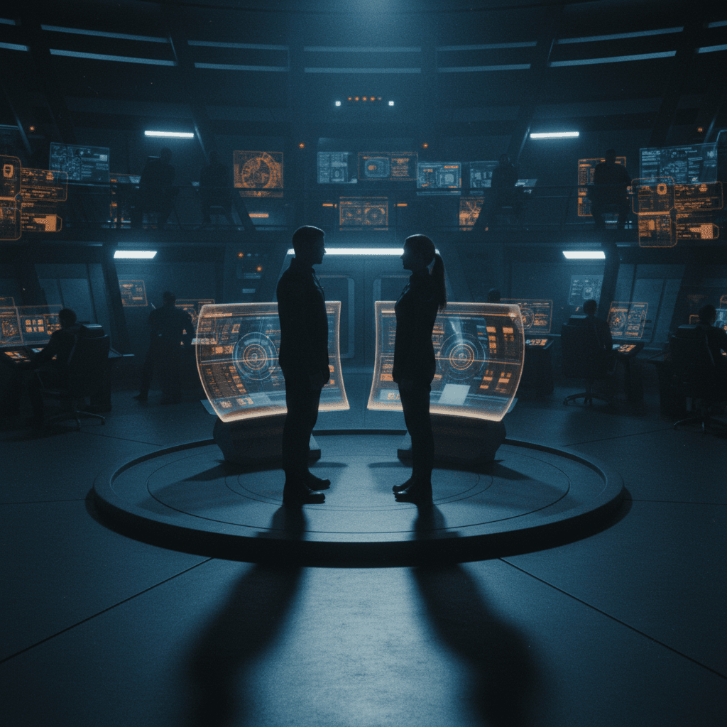 Two silhouetted figures facing each other across a starship bridge, amber and blue sensor displays glowing between them