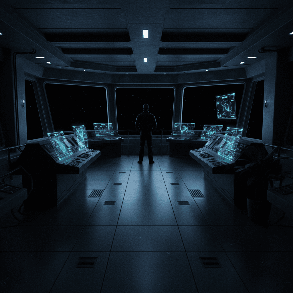 An empty warship bridge in darkness, a solitary figure at the command railing, blue navigational displays casting cold light