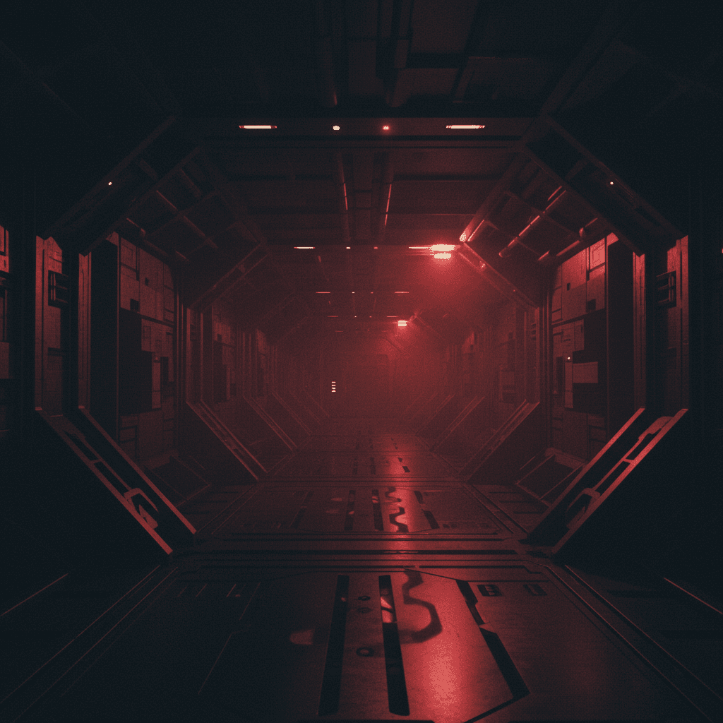 A starship corridor bathed in red emergency lighting, warning lights pulsing along the ceiling