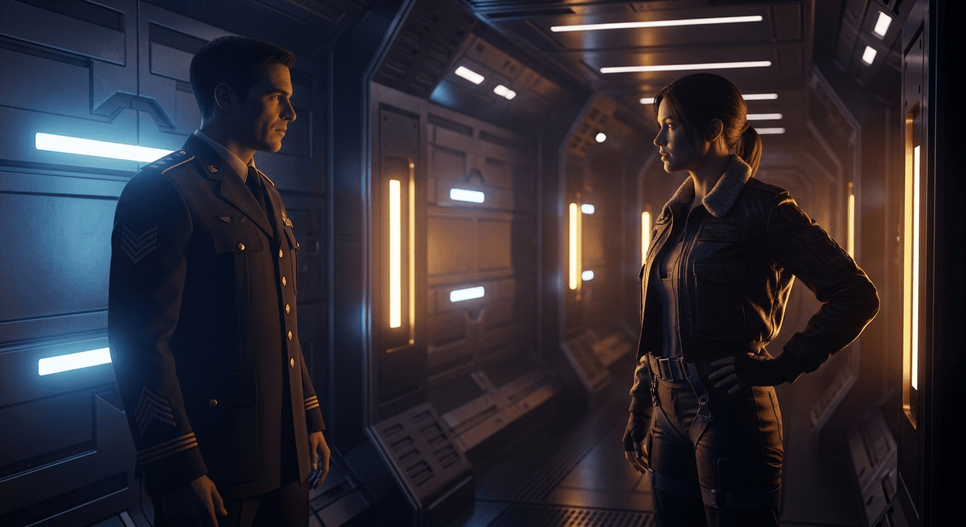 Two figures standing apart in a dimly lit warship corridor, tension visible in their postures