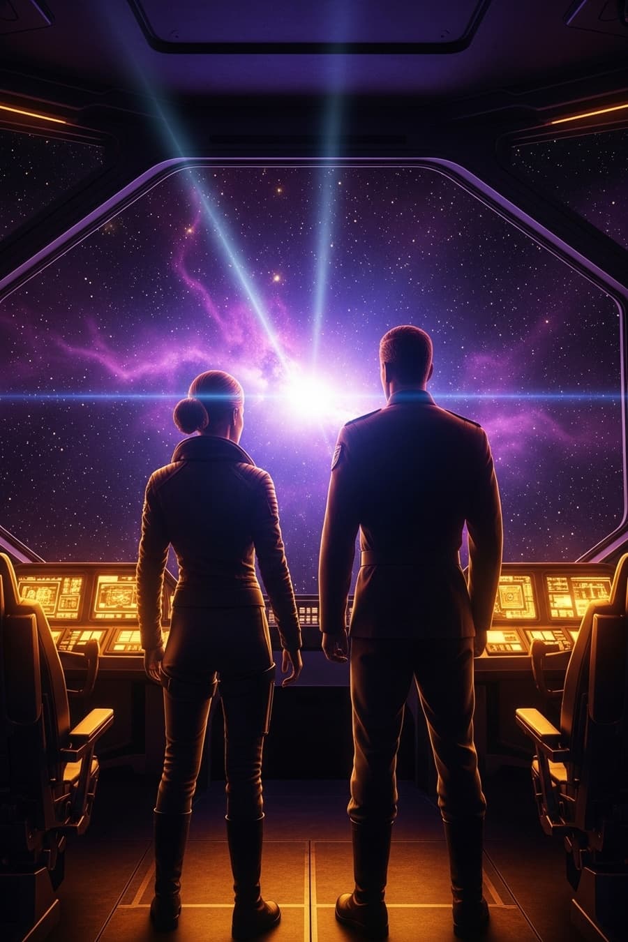 The Starfall Accord book cover showing two figures silhouetted against a nebula