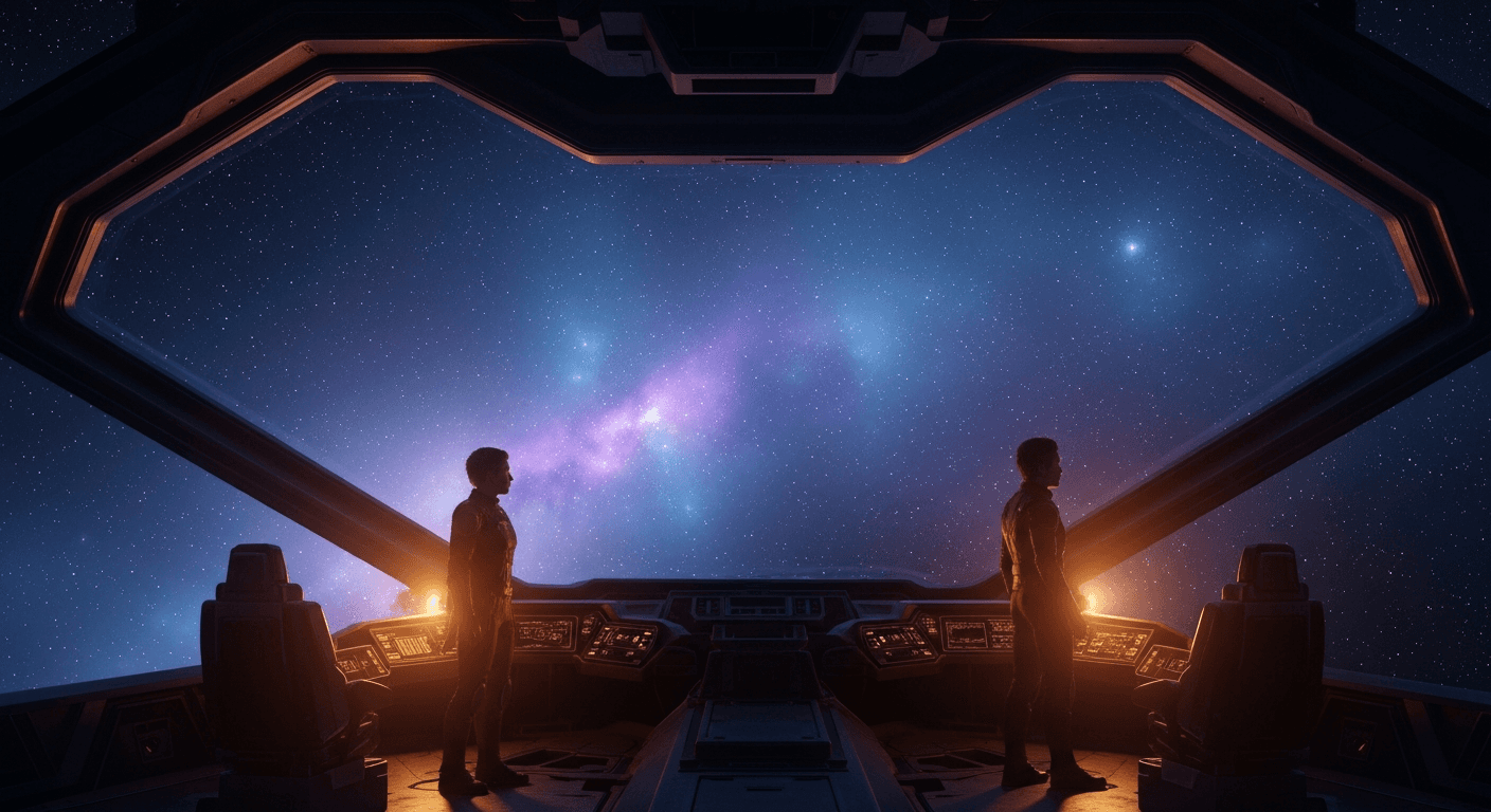 Two silhouetted figures on a warship bridge gazing at the stars through a panoramic viewport