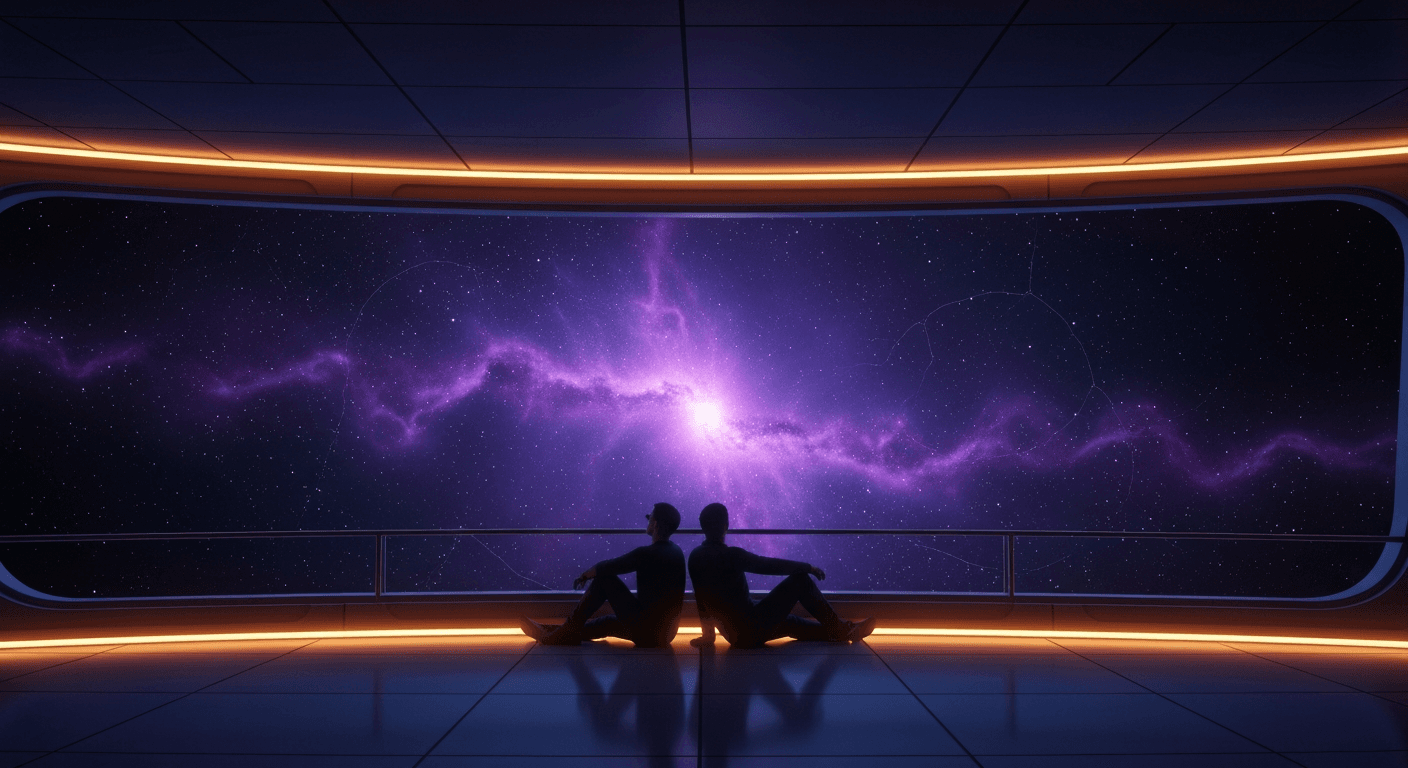 Two silhouetted figures watching stars through a wide observation deck viewport