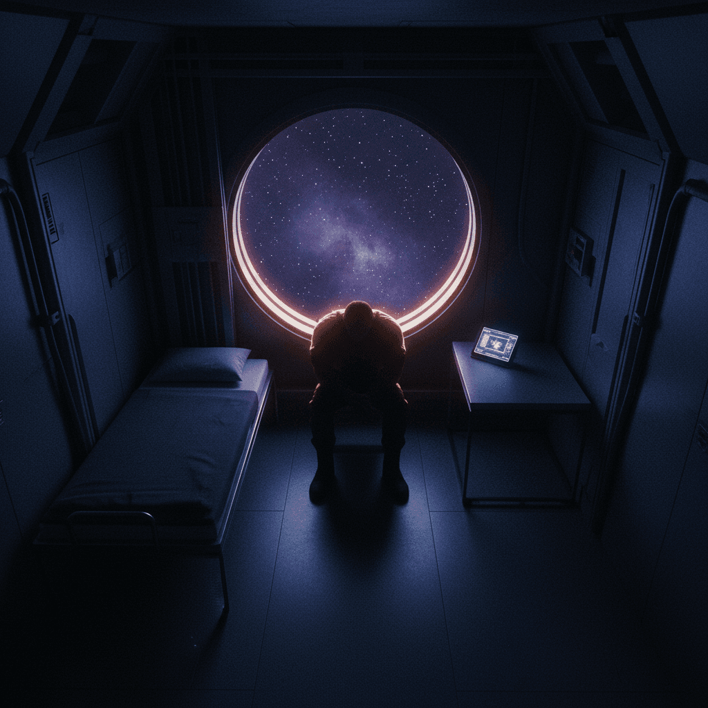 A solitary figure sitting on the edge of a military bunk, starlight from a viewport casting amber rim lighting