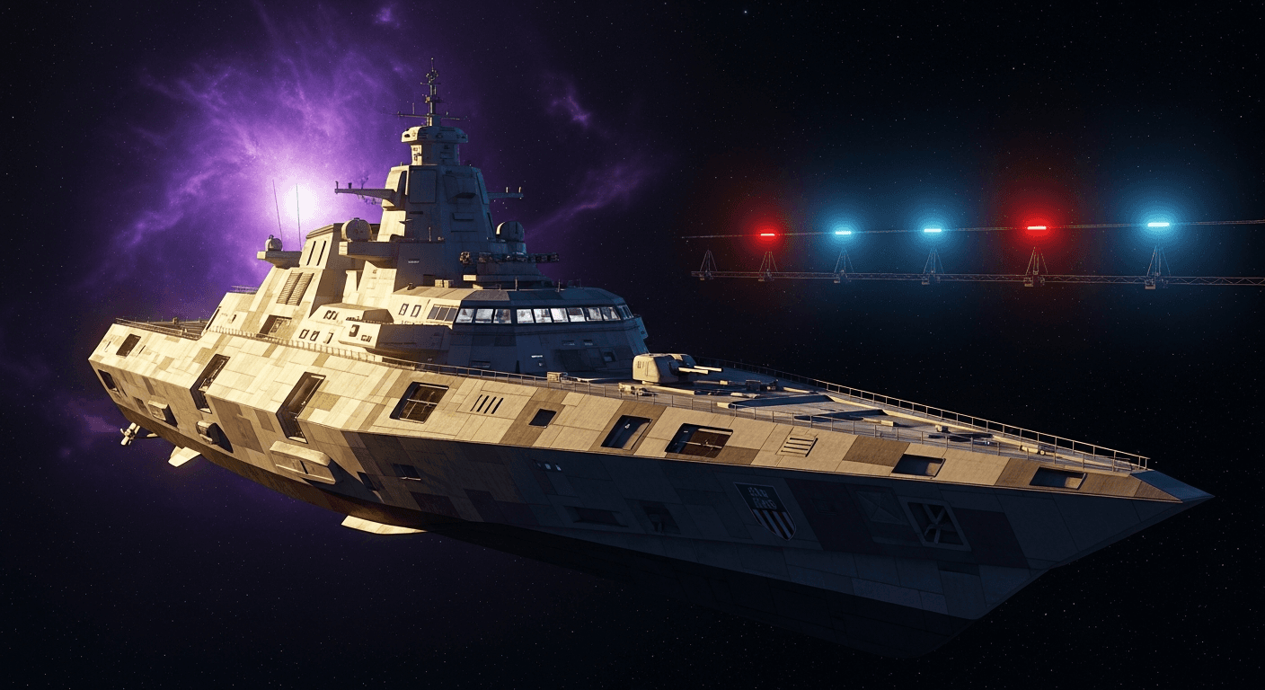 The decommissioned warship Meridian drifting among transit corridor beacons in deep space