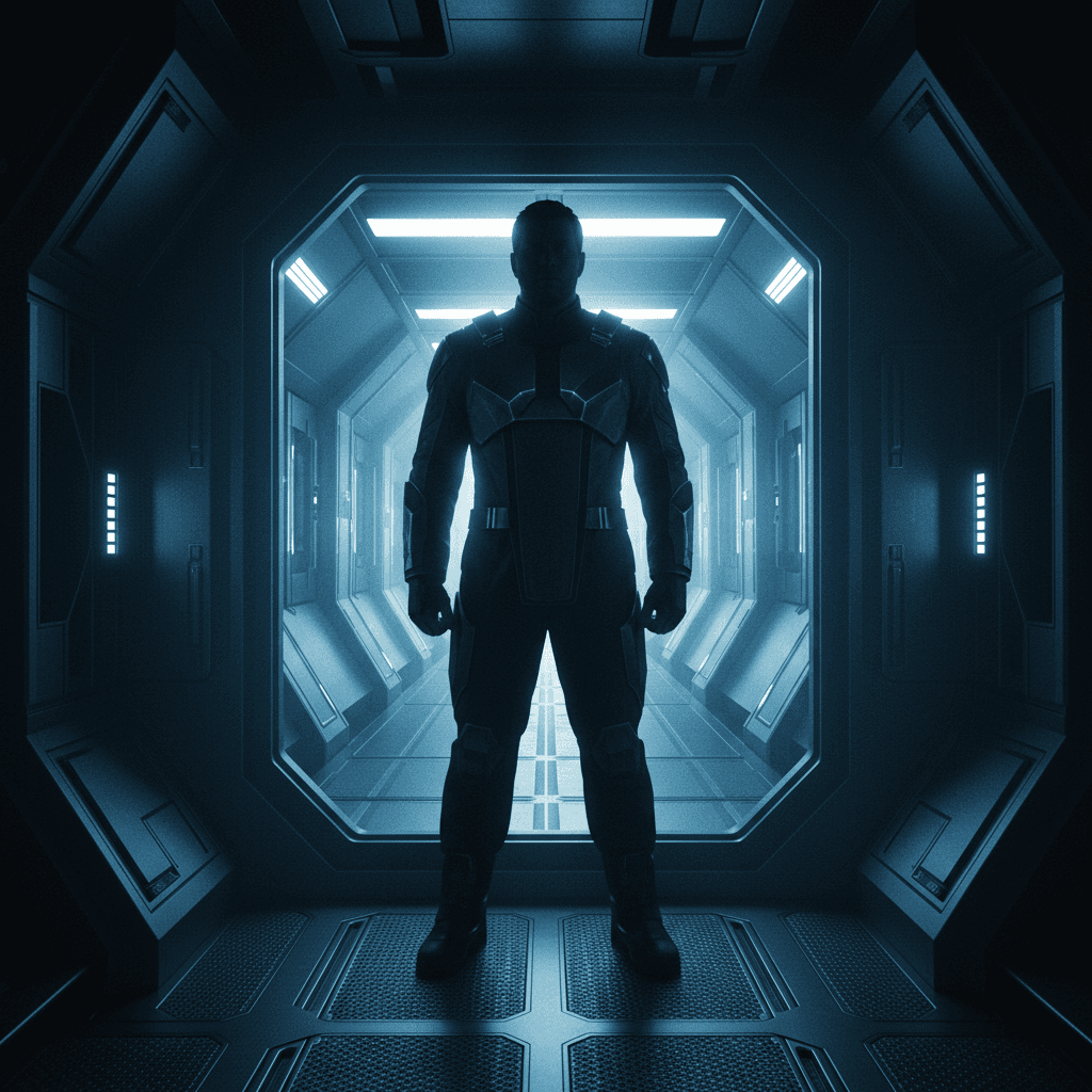 A broad-shouldered figure silhouetted in a starship doorway, backlit by cool blue corridor lighting