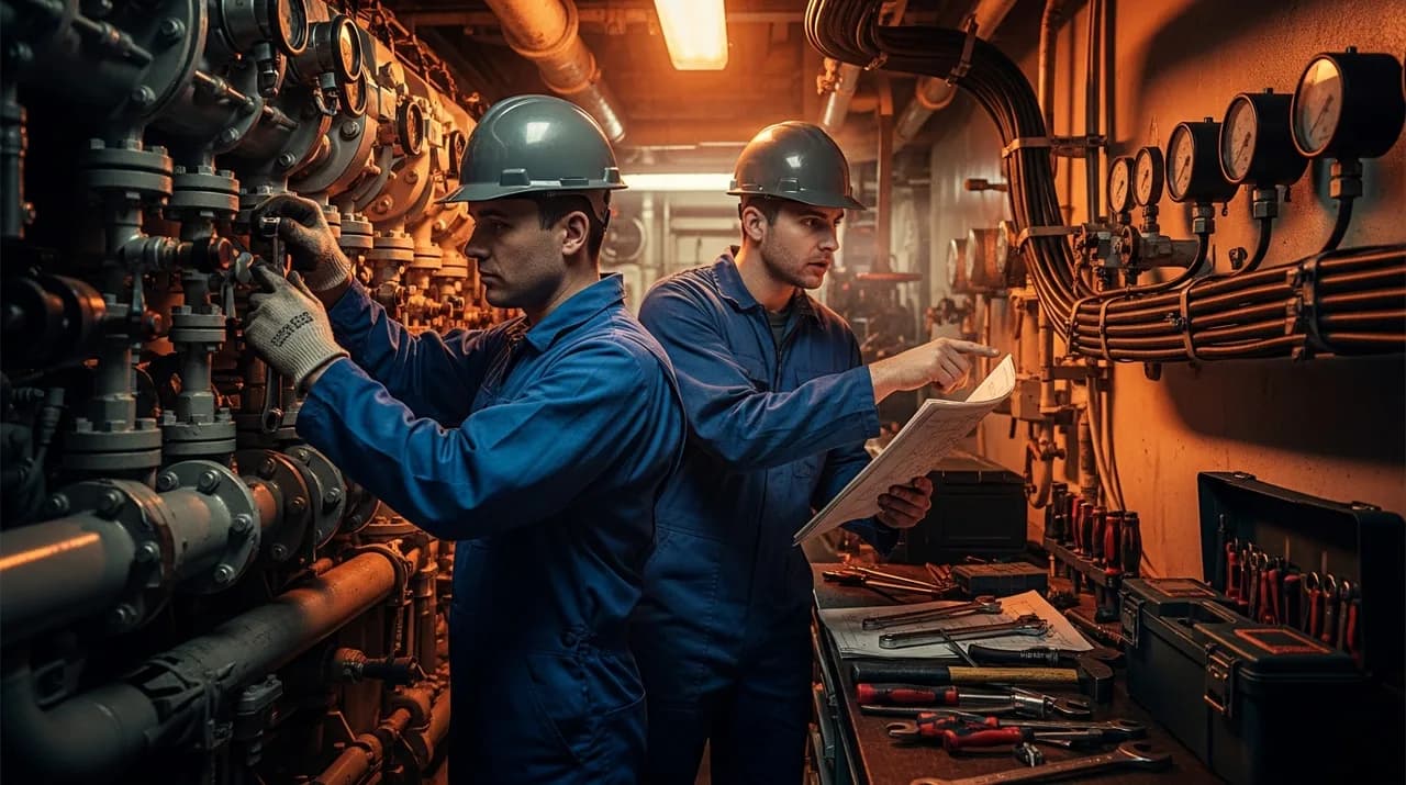 Two crew members in a found family space opera romance working side by side in a cramped engine room, warm orange light from exposed conduits