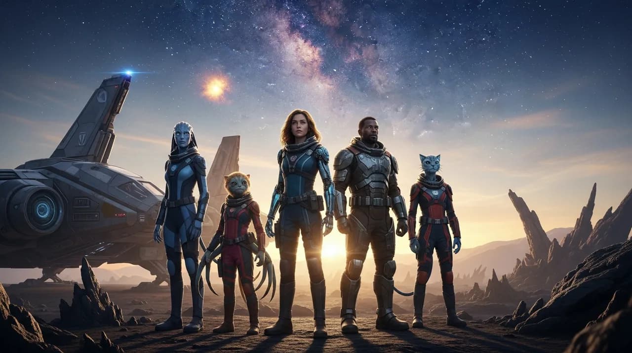 A found family crew gathered in the warm amber glow of a starship common room, mismatched chairs around a battered table, stars visible through a wide viewport