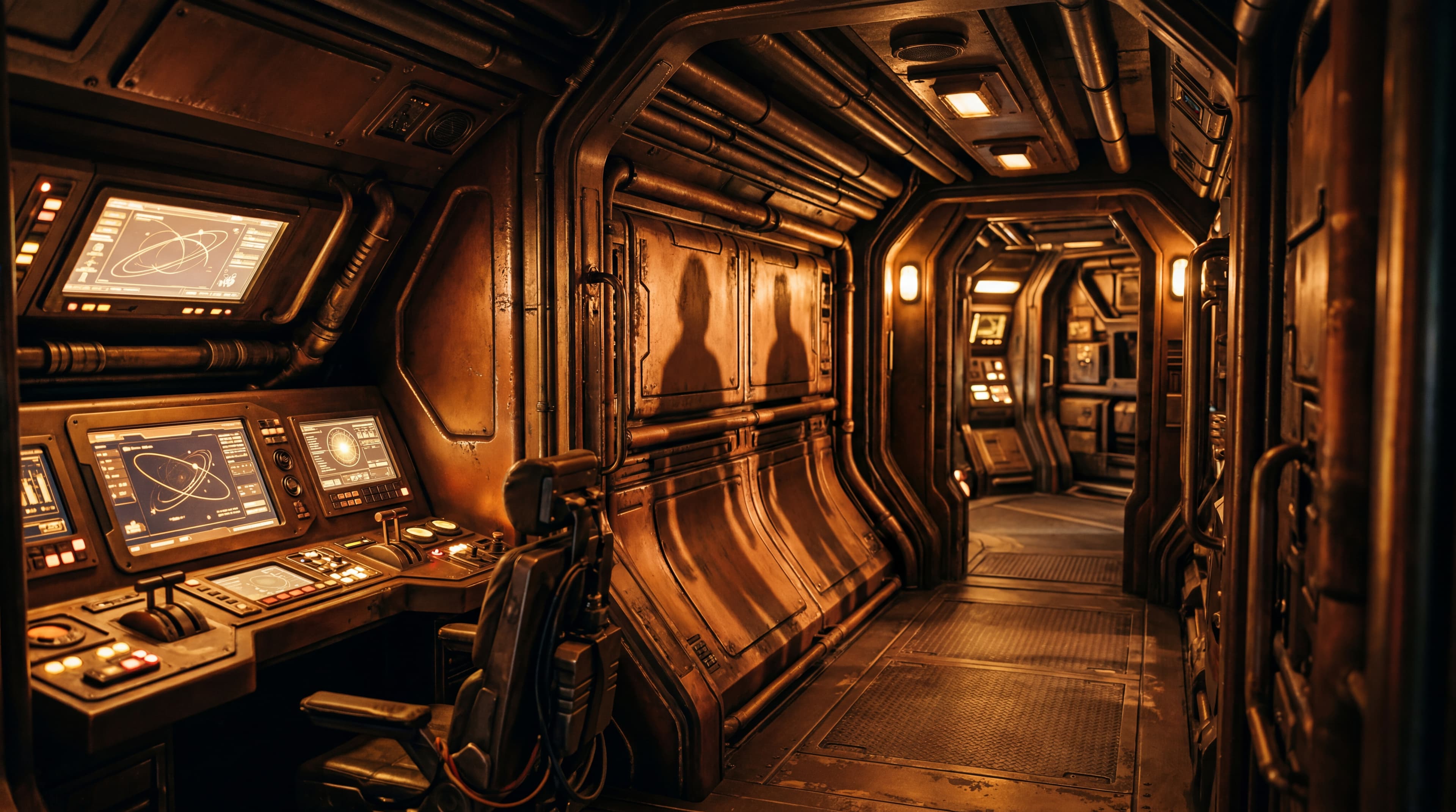 Narrow warship corridor showing forced proximity in space as two shadows share a console under amber lighting