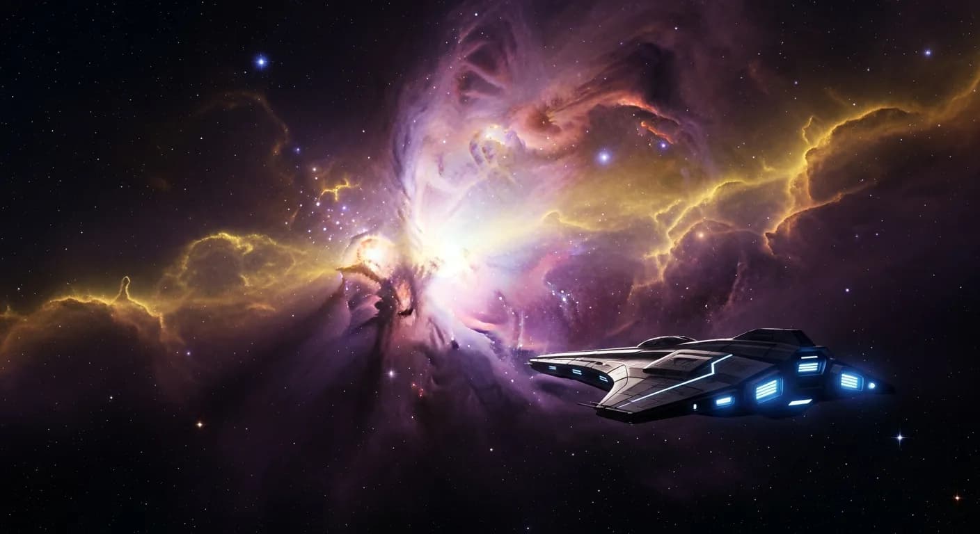 A lone spaceship crossing a purple and gold nebula, stars scattered across deep space