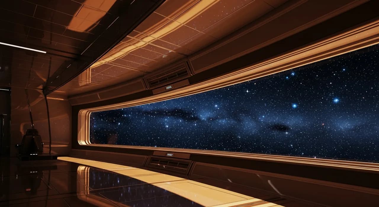 Interior of a spaceship observation deck looking out at distant stars, warm amber light reflecting off the hull