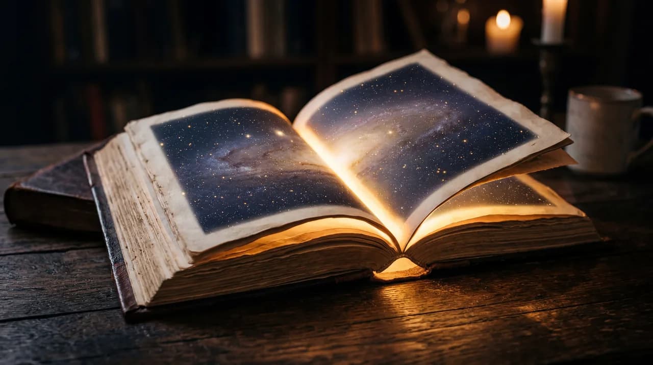 An open book glowing with warm golden light against a dark surface, starfield reflections in the pages