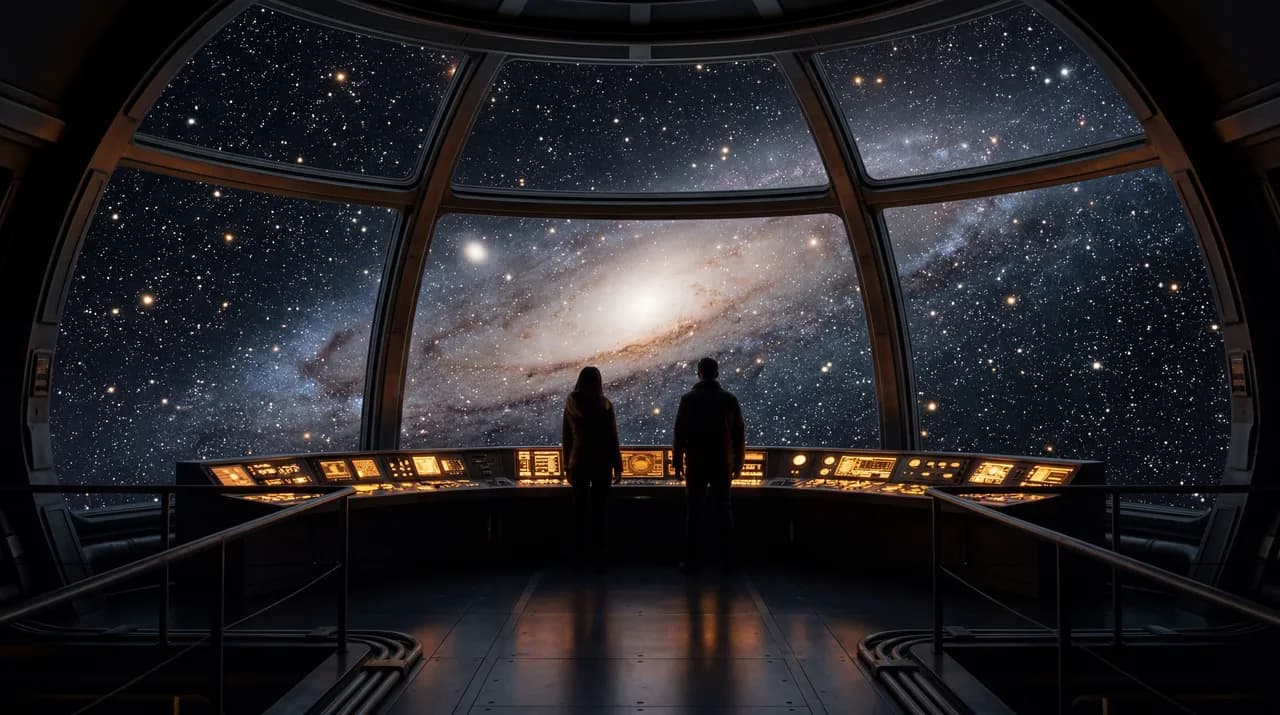 Sci fi romance with no aliens — two human figures silhouetted against a vast starfield on a ship observation deck, warm amber instrument glow