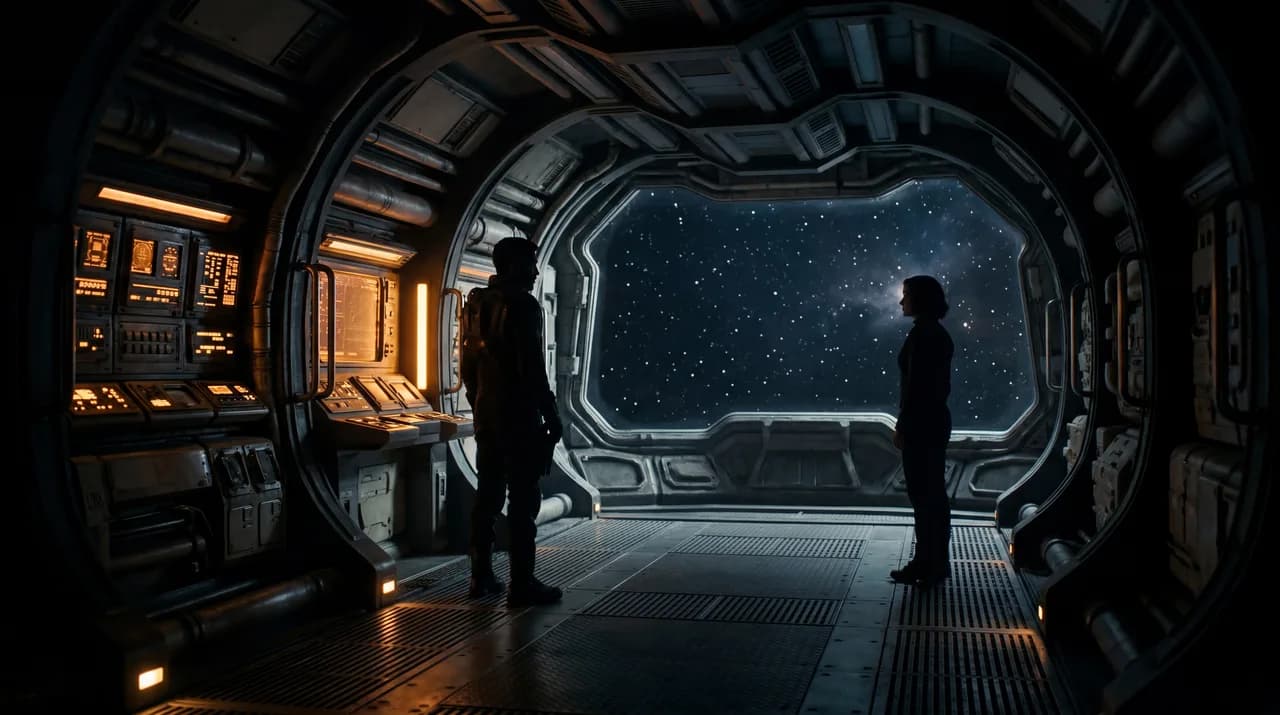 Two silhouettes standing apart on a spaceship corridor, warm amber light from instrument panels, cold starfield visible through viewport