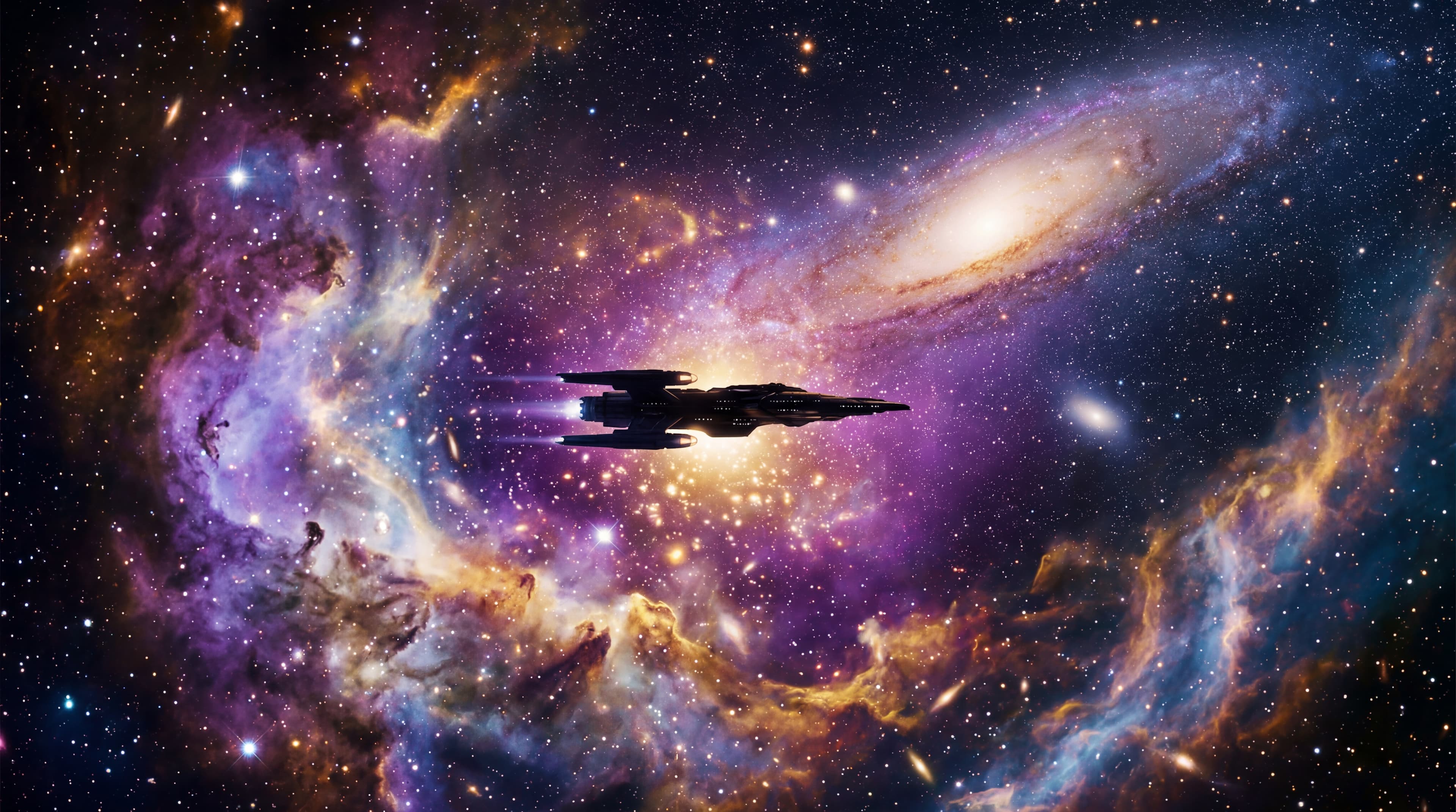 Spaceship corridor with warm interior lighting and nebula visible through viewports