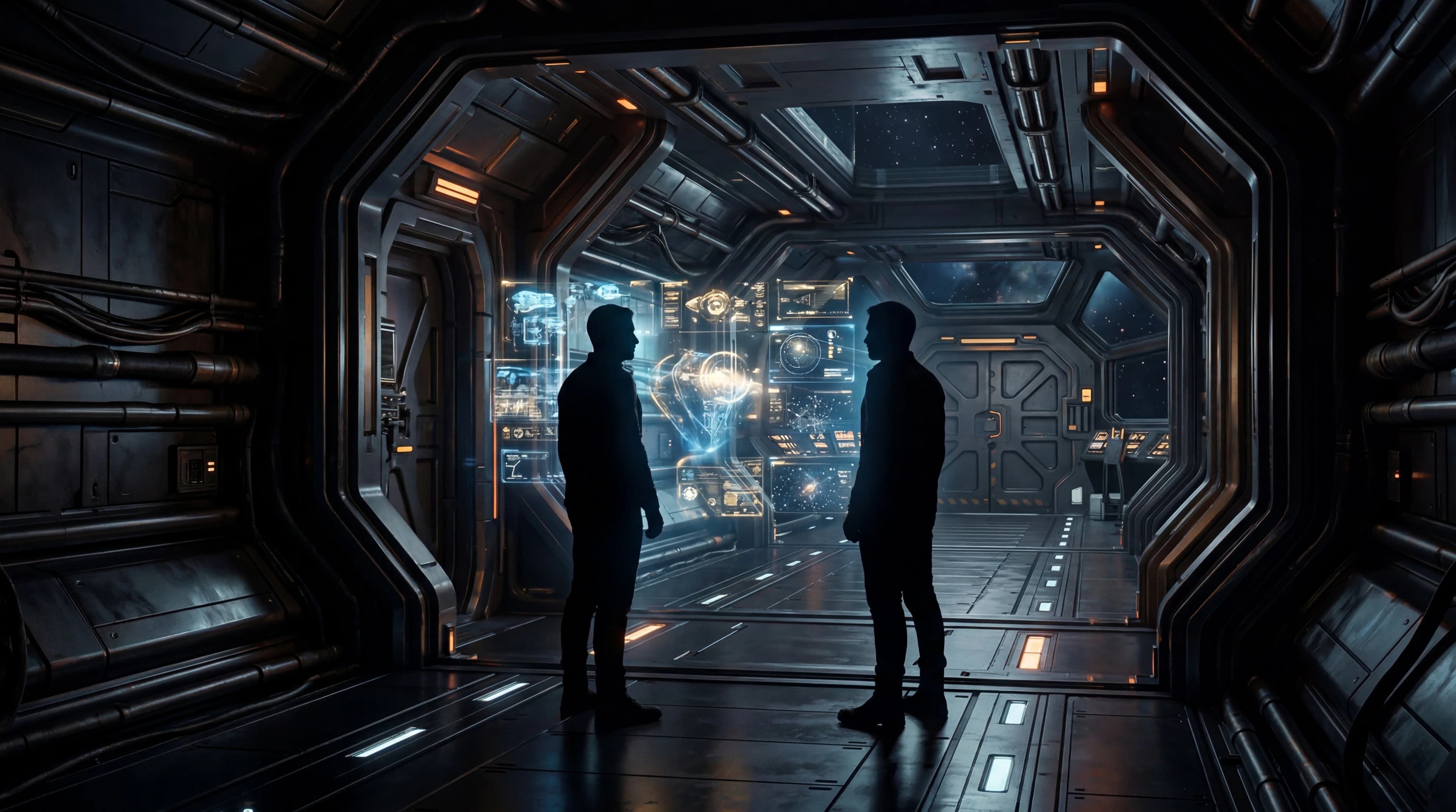 Two figures standing close but not touching in a dimly lit spaceship corridor, holographic displays casting light between them