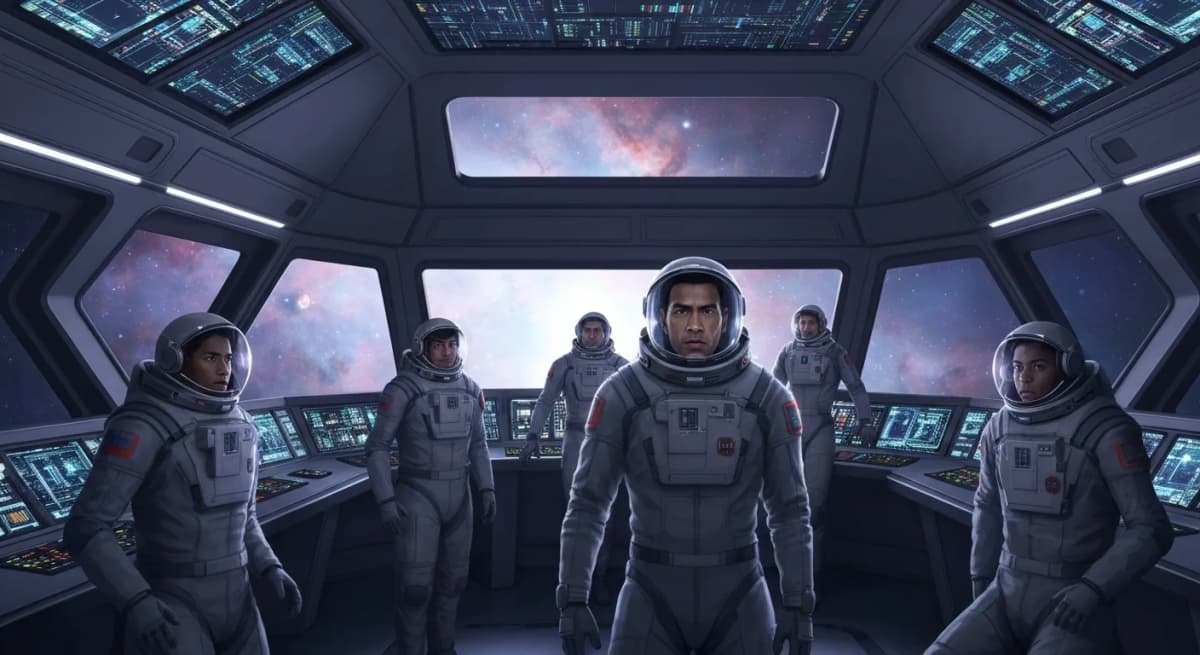 The crew of the Meridian silhouetted against a starfield on the ship bridge