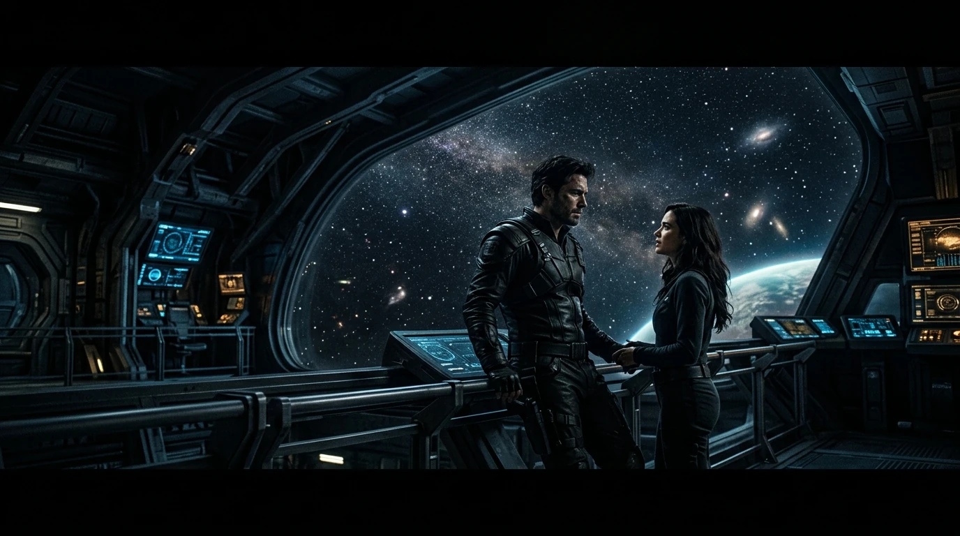 A man and a woman standing close on a darkened ship deck, his hand on her arm, galaxies and a planet through the wide window behind them