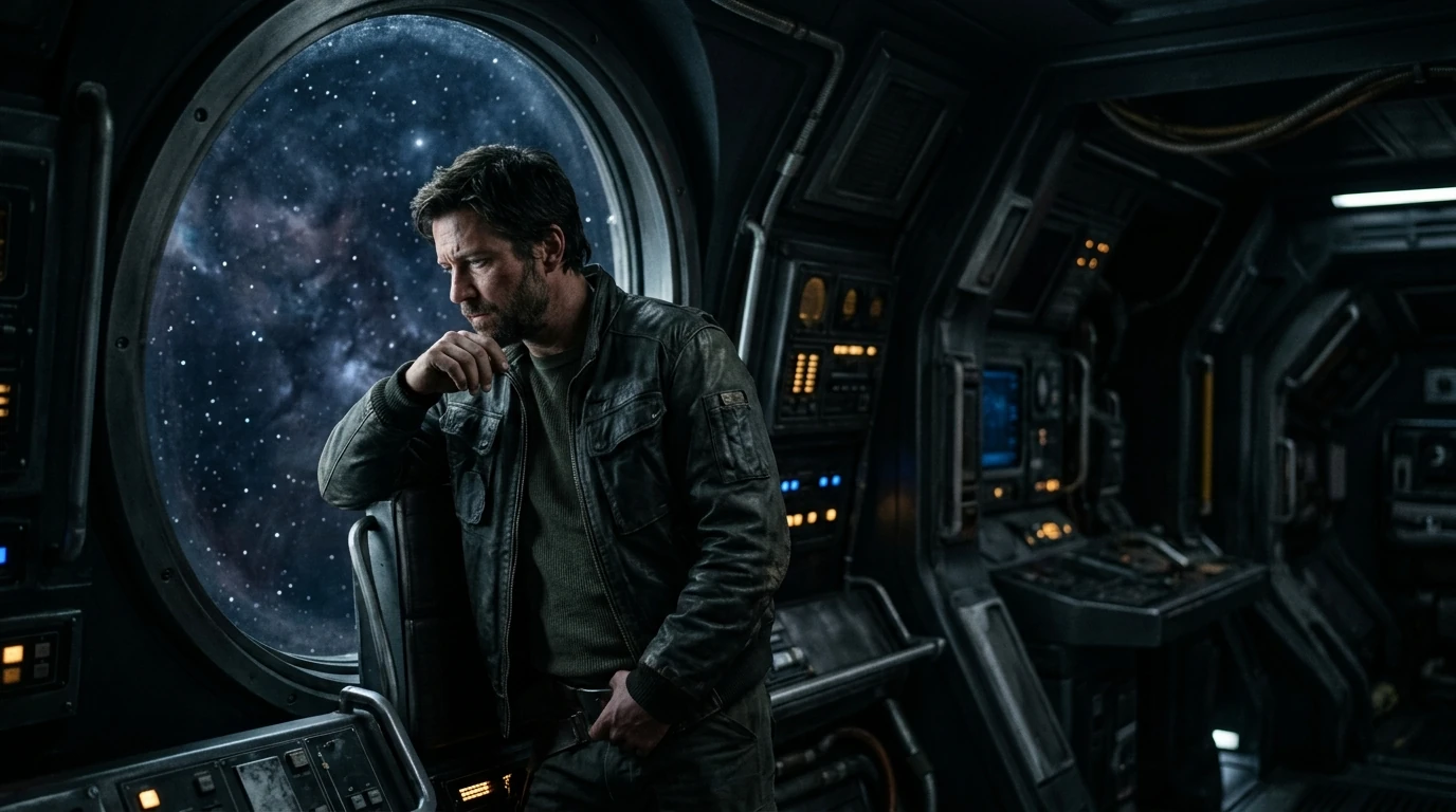 A brooding man in a worn leather jacket by his command chair gazing at a nebula, the classic alphahole romance hero pose