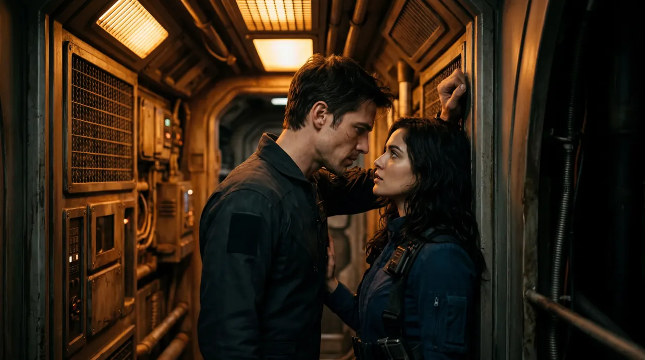 Two crew members caught close together in a narrow starship corridor, one braced against the bulkhead, neither of them stepping back