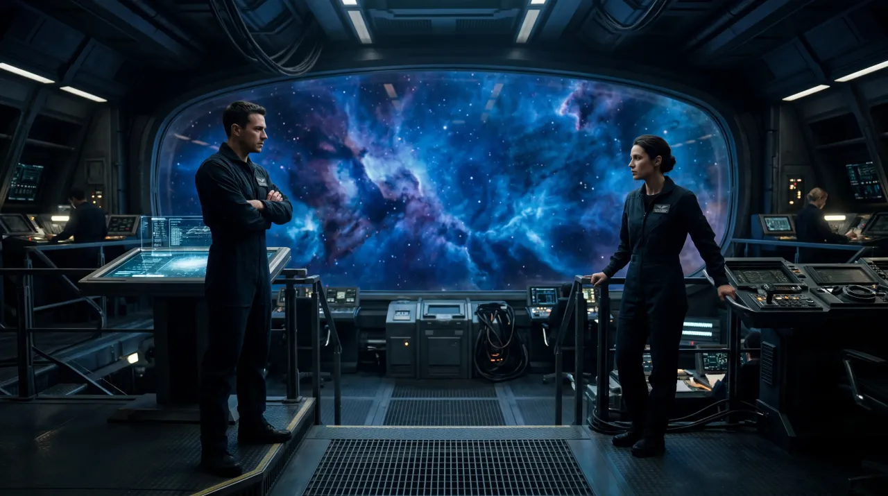 Two crew members of a starship facing each other across the bridge with a blue nebula filling the viewport behind them, neither willing to look away first