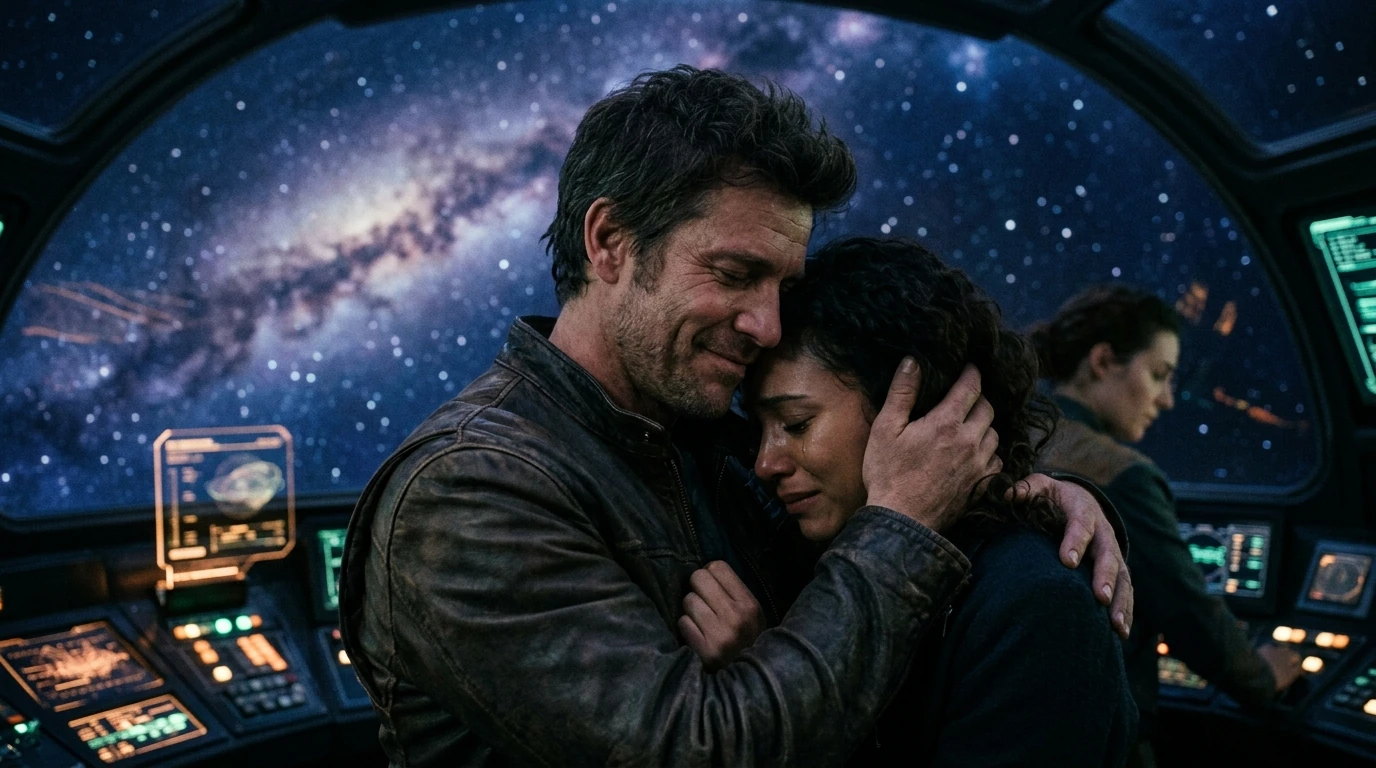 A man holding a weeping woman against his shoulder in a starship cockpit, the arm of the galaxy filling the canopy behind them