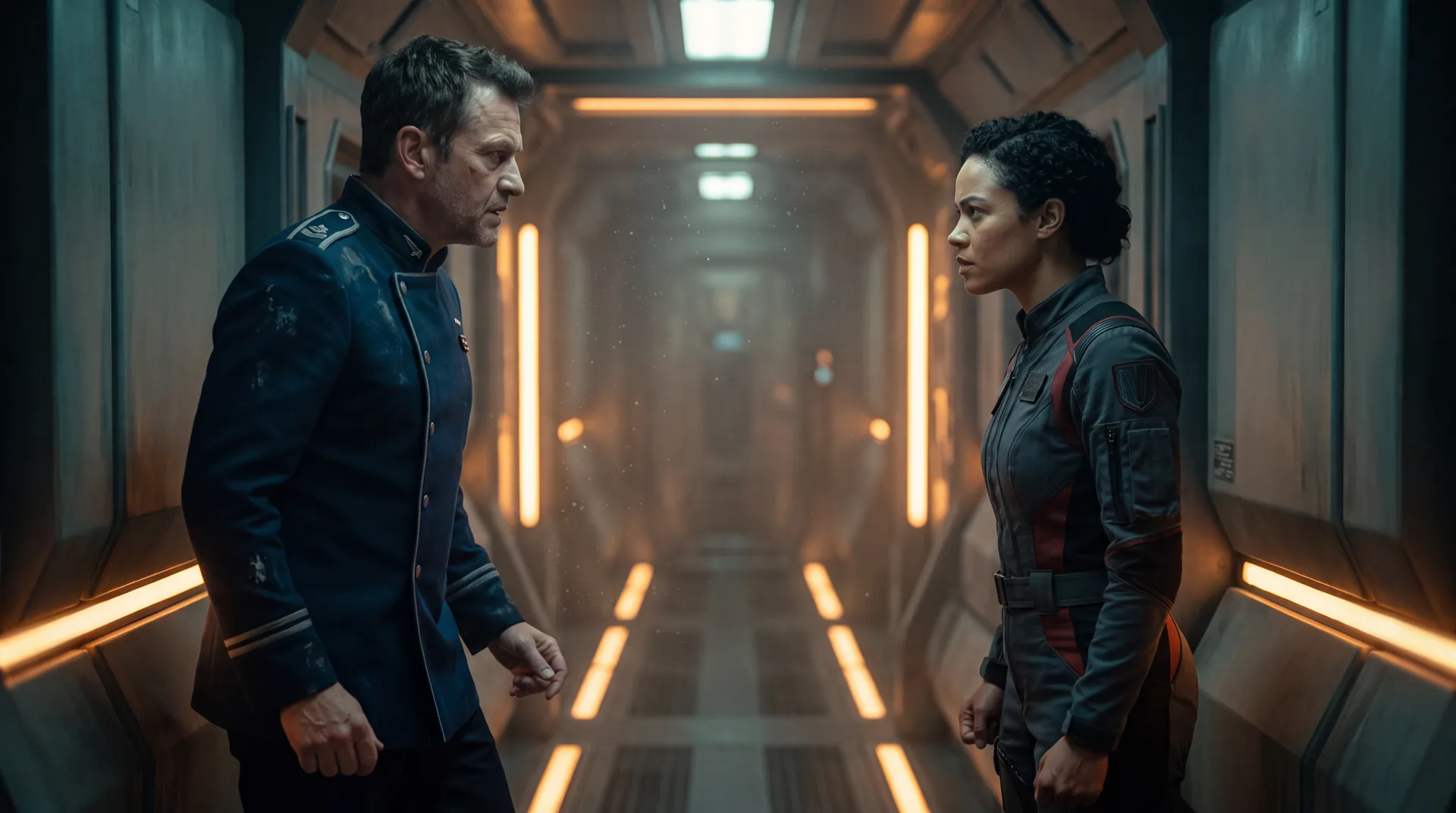 Two officers stopped at opposite ends of a narrow ship corridor, turned toward each other, the slow burn distance neither will close