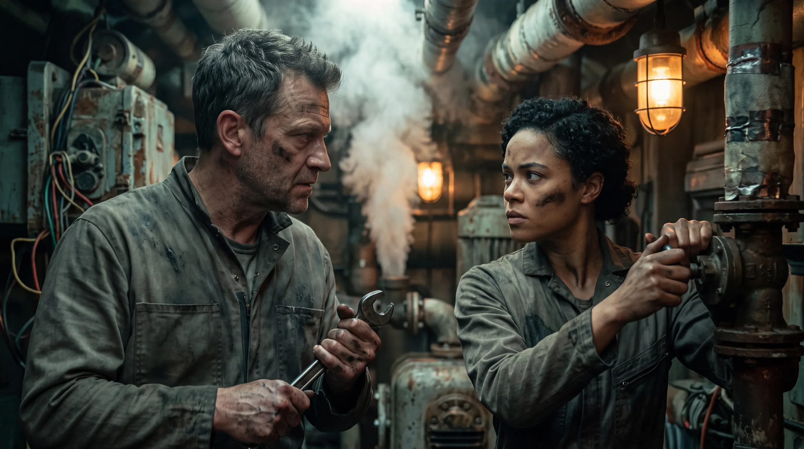 Two crew in grease stained overalls working a valve together in a cramped engine room, faces smudged, steam rising off the pipes behind them