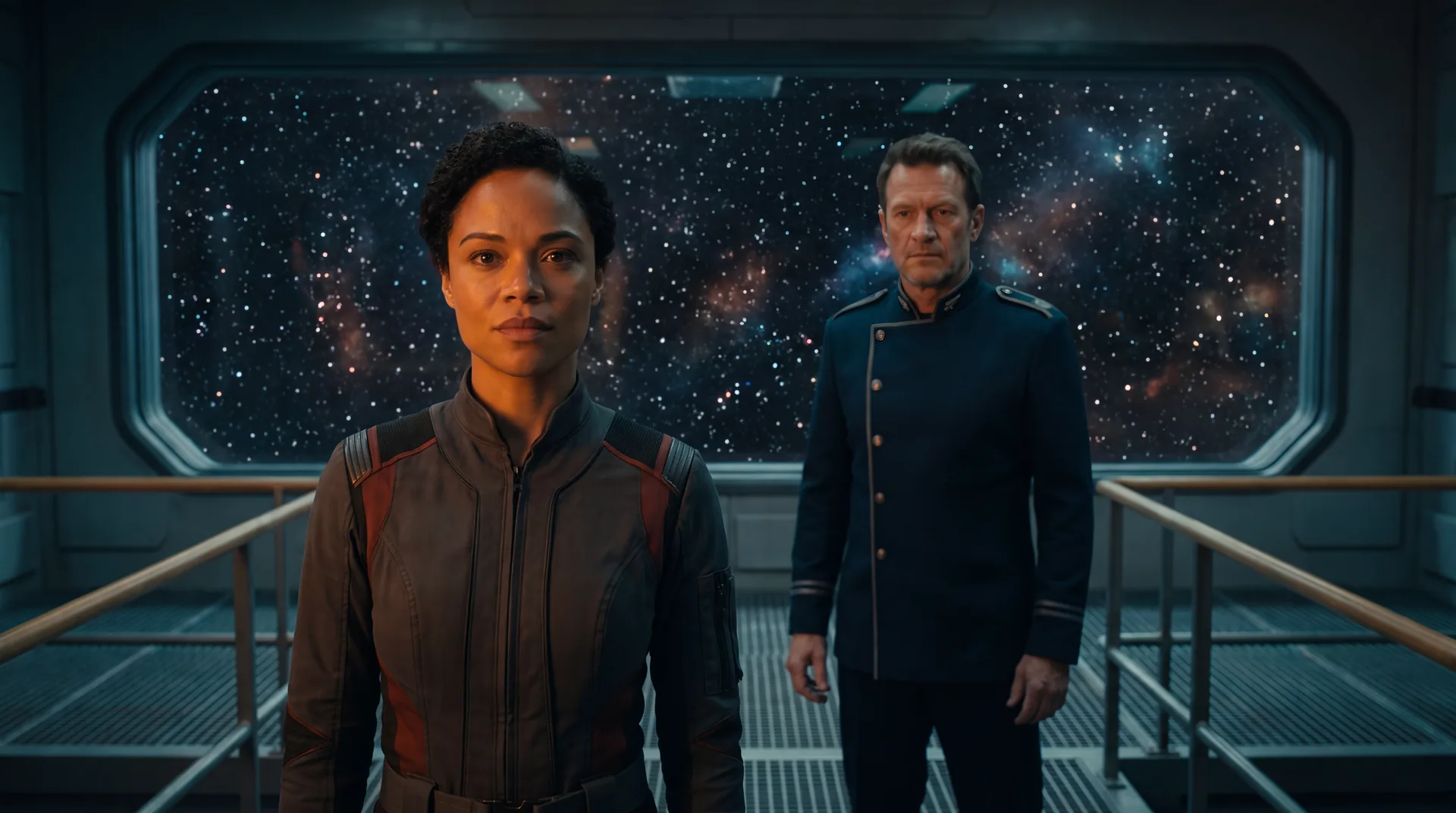A woman facing the room on an observation deck with a second officer a few paces behind her, a field of stars filling the window