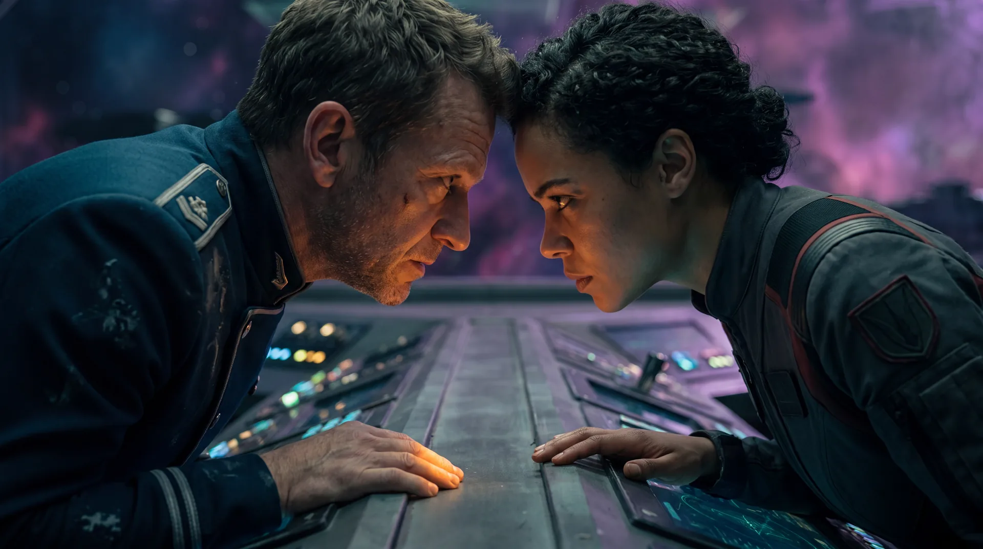 Two officers leaning across a console until their foreheads meet, both hands flat on the surface, a violet nebula filling the window behind them