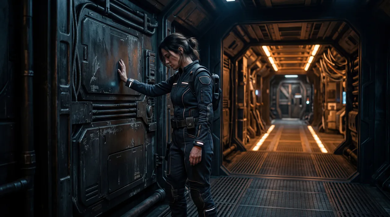 A lone figure in a dim ship corridor, hand against the wall, the silent ache at the heart of a dual POV space romance