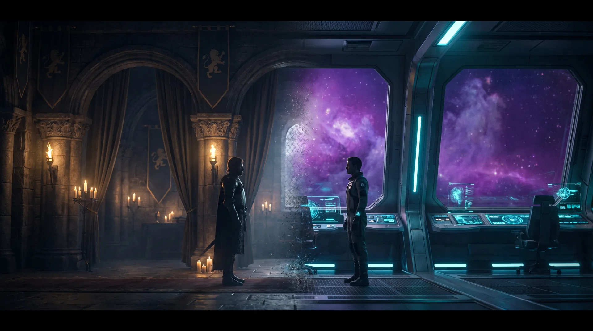 A candlelit court of stone arches dissolving into the bridge of a starship, two figures squared off on either side of the seam