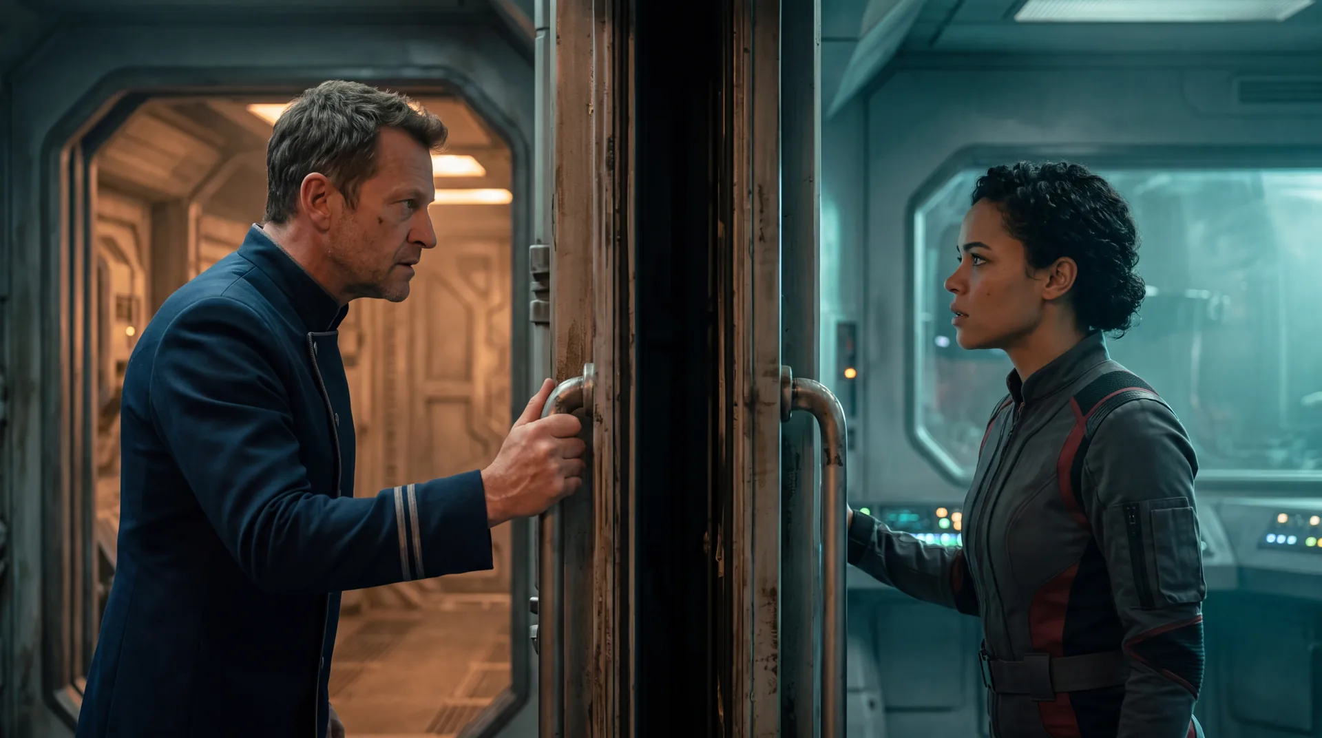 Two officers held apart on either side of an open bulkhead doorway, each with a hand on the frame, neither crossing