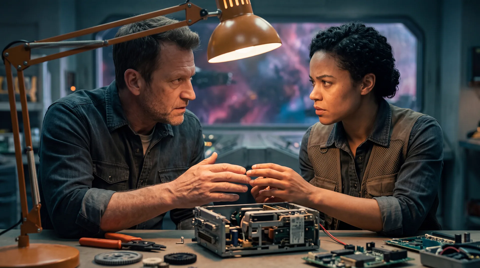 Two crew side by side at a workbench, hands close over a shared repair but not touching, each watching the other