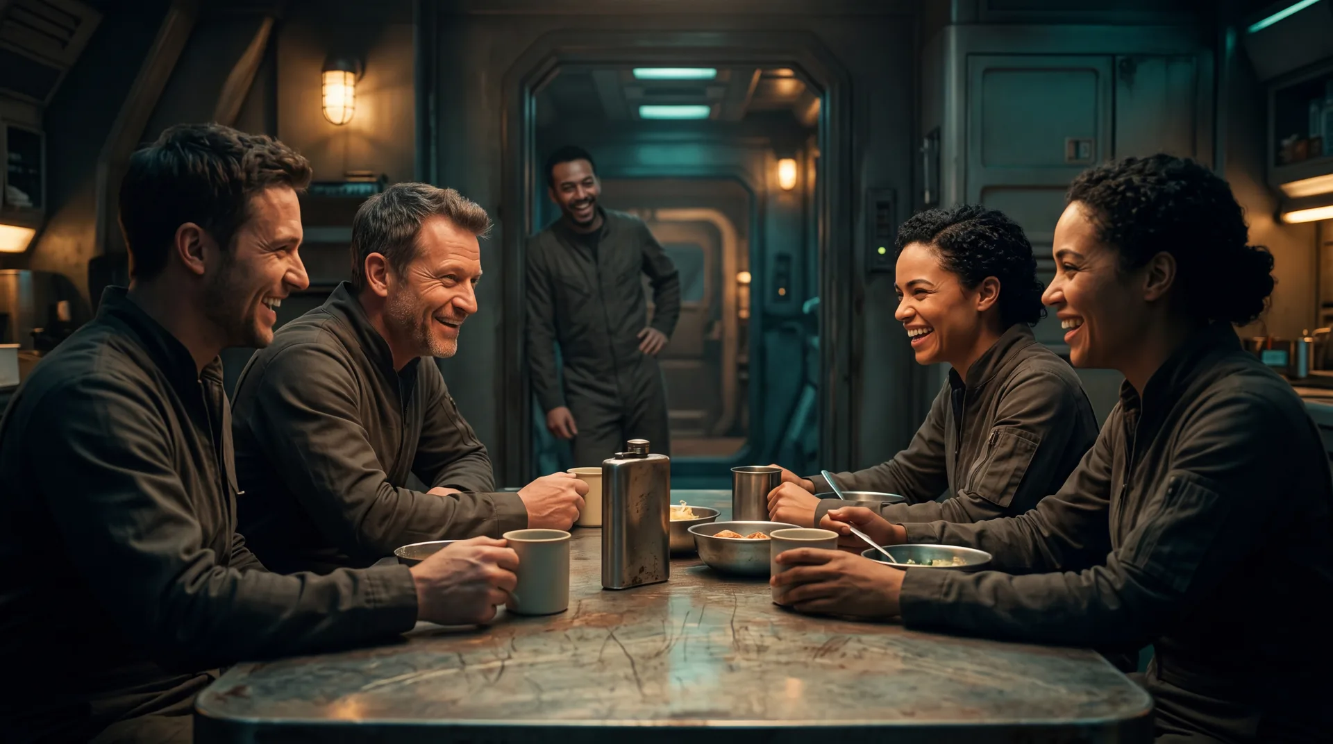Four human crew sitting together around a battered galley table under warm lamplight, mugs and a flask between them, a fifth crewmate framed in the doorway
