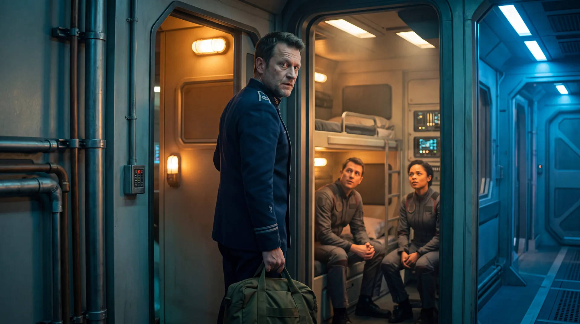 A man at the open door of crew quarters with a kit bag in one hand, turning back, two of the crew looking up at him from inside