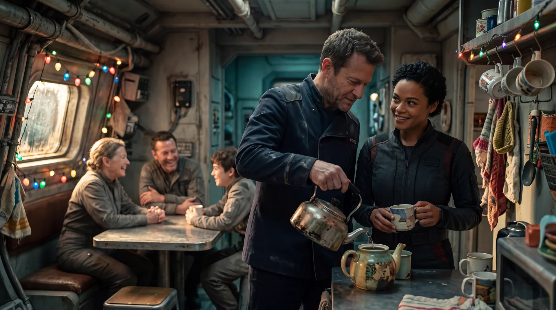 A ship galley strung with fairy lights, two of the crew making tea while three more talk at the table behind them