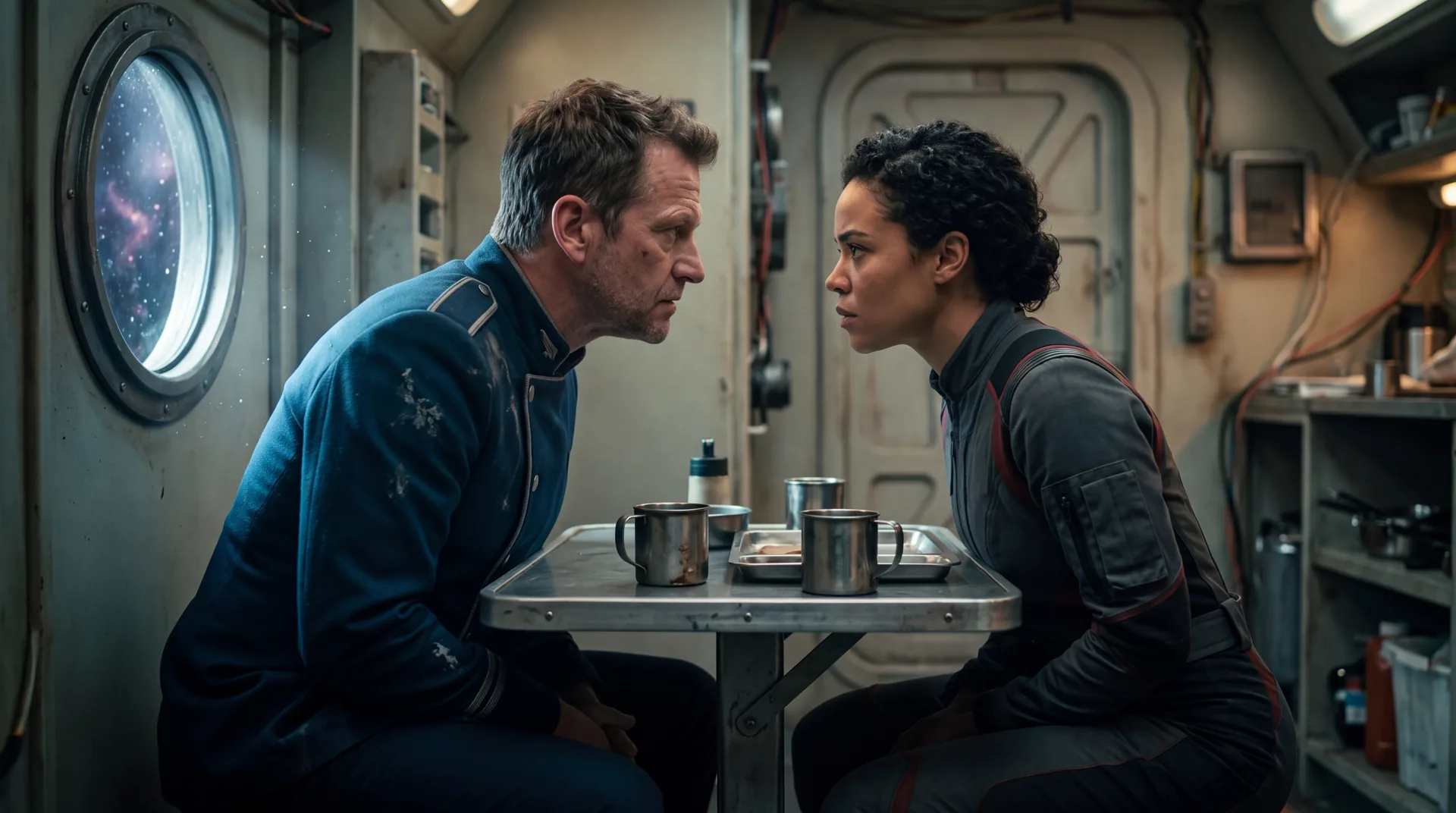 Two people squeezed either side of a tiny fold down galley table, knees almost touching, starlight through a small round port