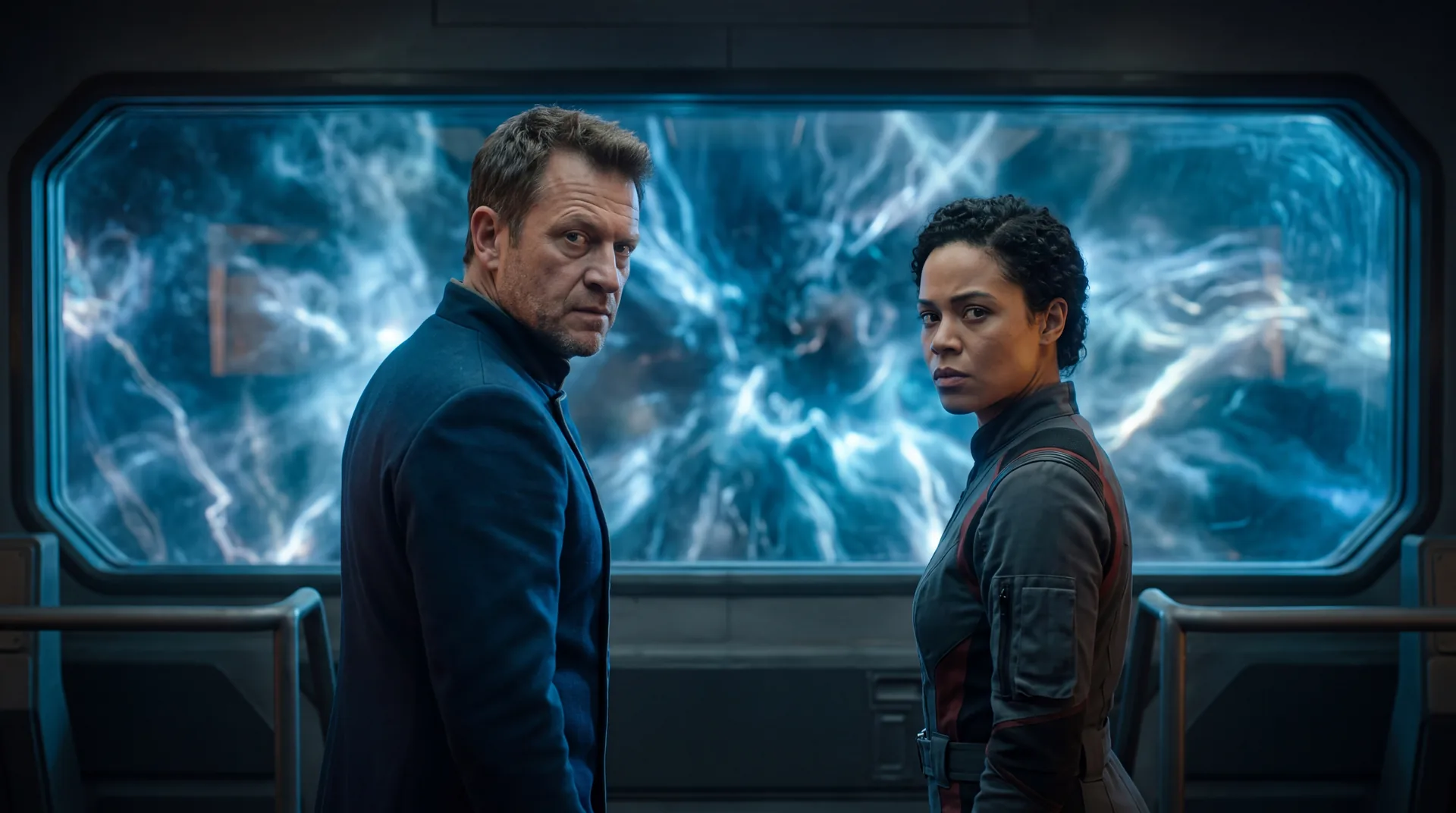 Two officers at a wide observation window, turned back toward the room, a plasma storm throwing blue light across them