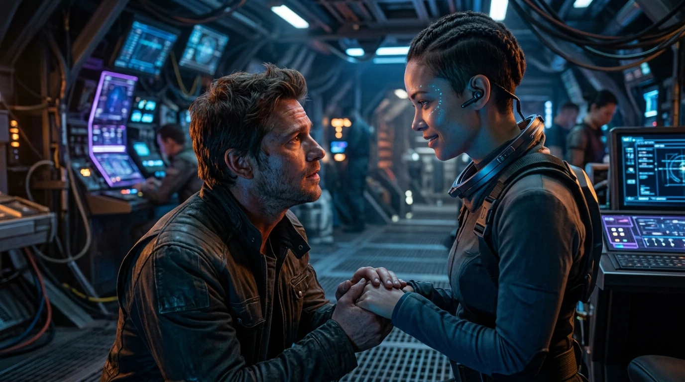 Two crew members sitting at a starship console with their hands joined between them, both faces lit by the displays and turned toward each other