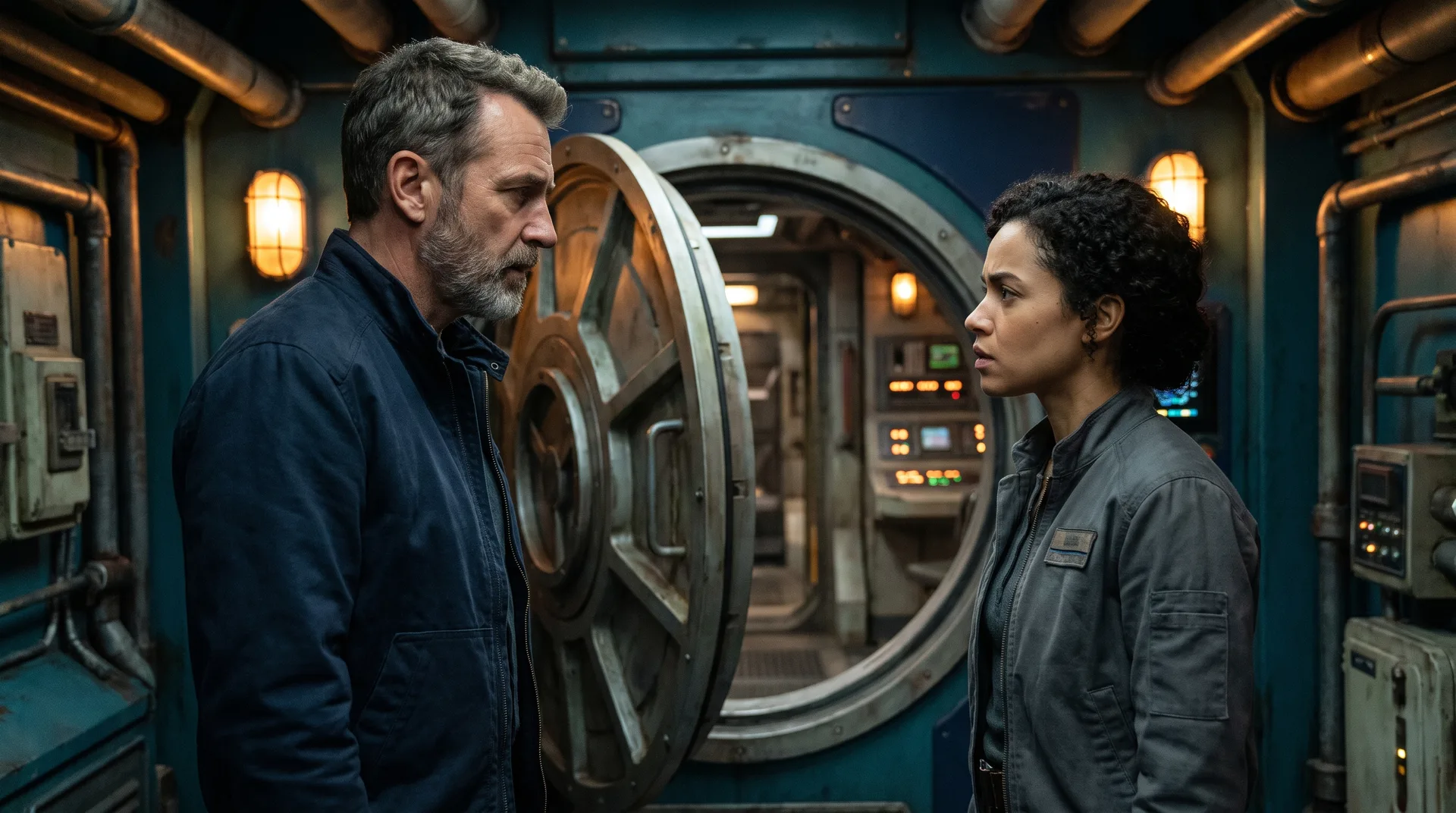 Two officers facing each other across an open bulkhead doorway, the political history that drives human only sci fi romance