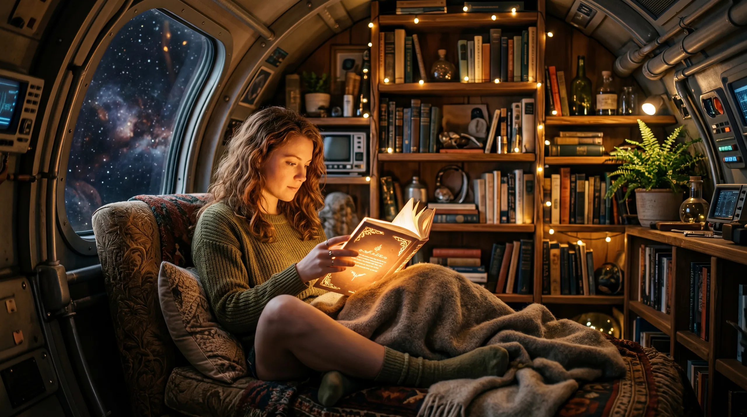 A reader curled into an armchair in a cosy ship cabin, a glowing book open on her lap, shelves of paperbacks and fairy lights around her and a starfield through the round window