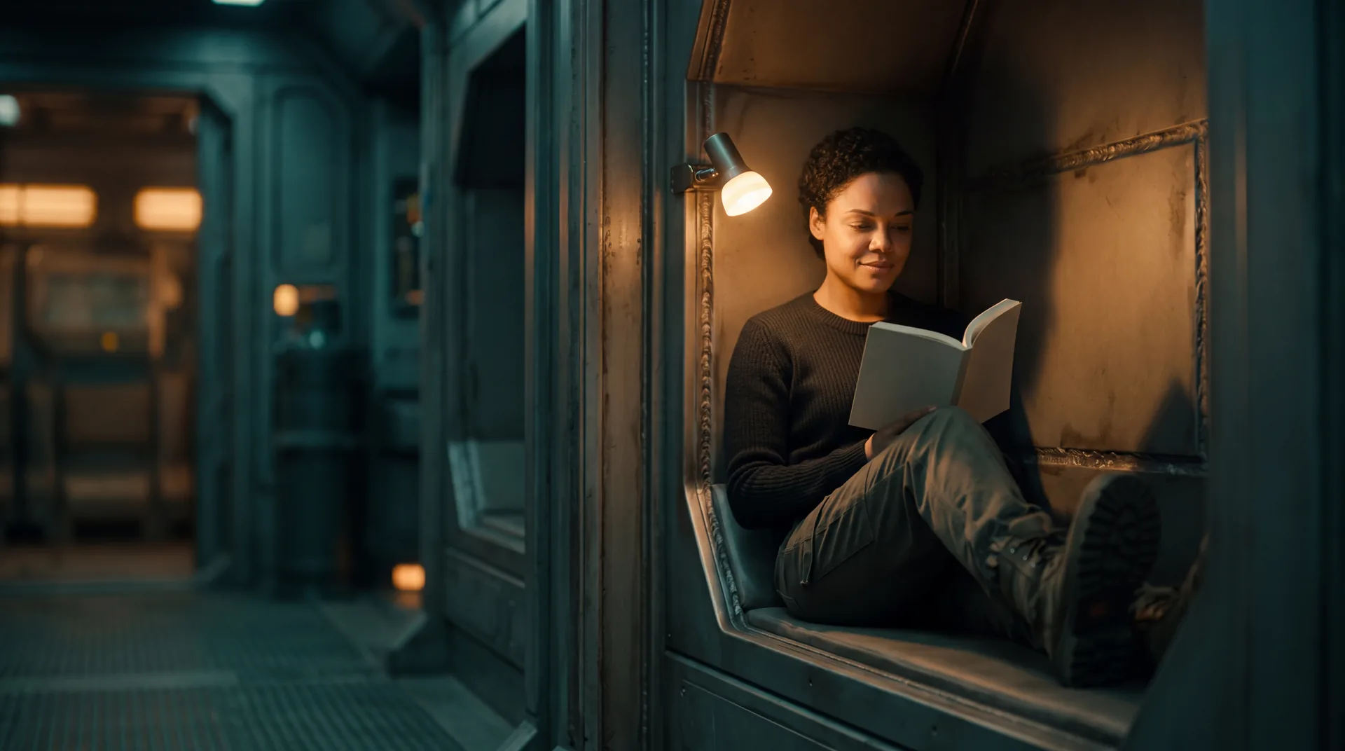 A woman off duty in a lit alcove of a ship corridor, one boot up on the bench, absorbed in a book