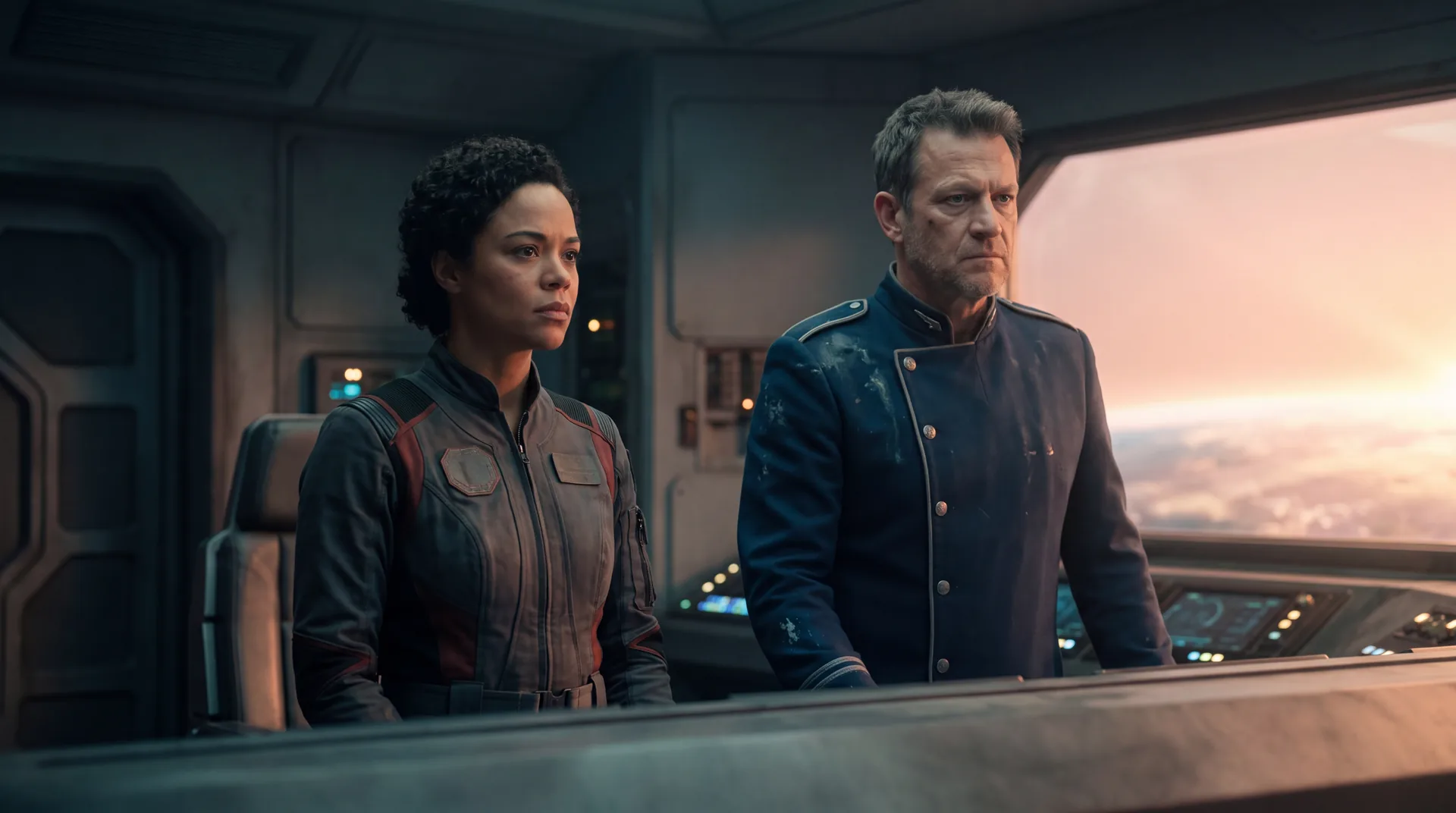 A morally grey commander and the pilot who should hate him, standing side by side at a starship viewport as a planet lightens below