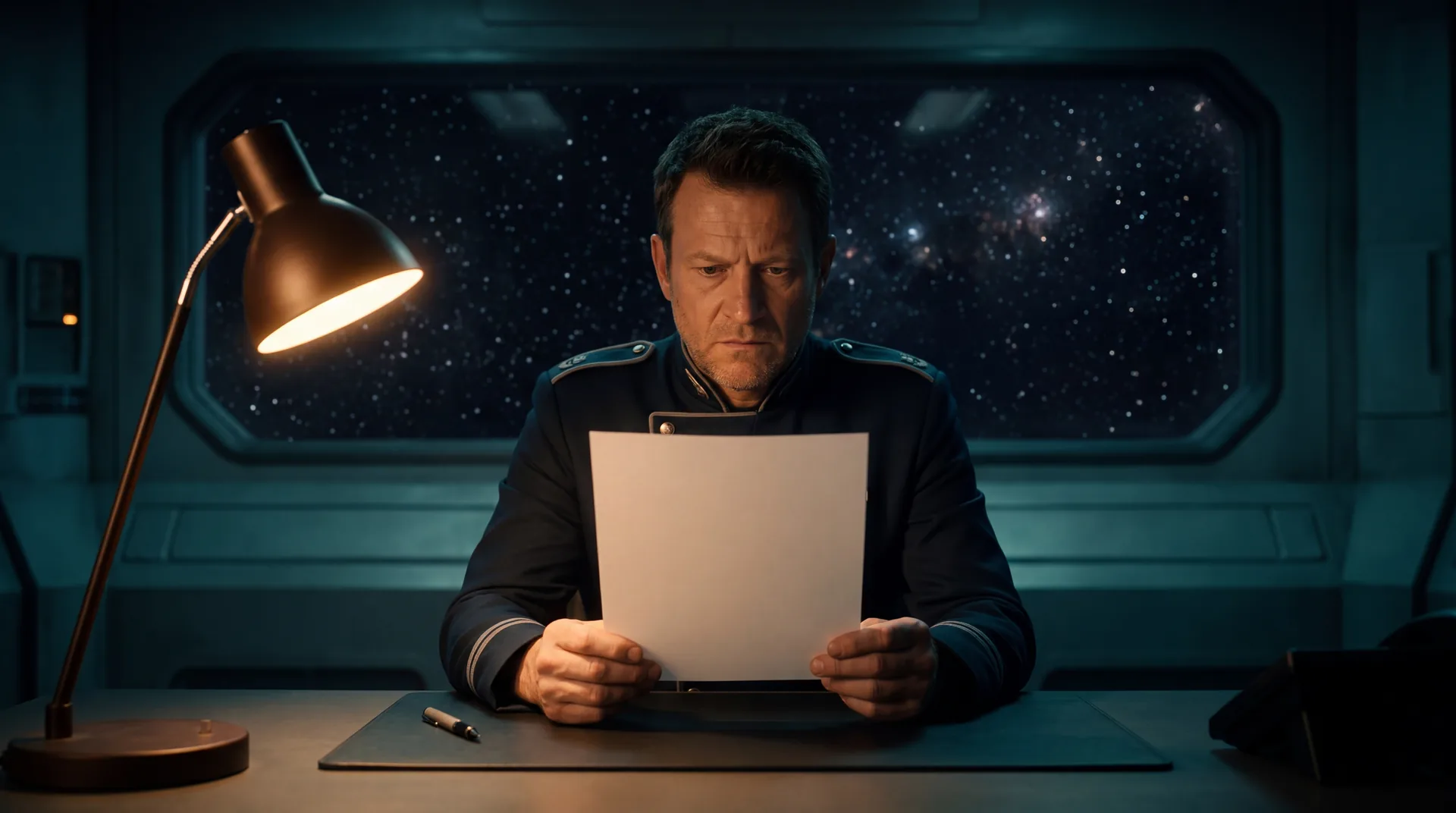 A morally grey commander alone at a desk under a single lamp, reading written orders with a starfield window behind him